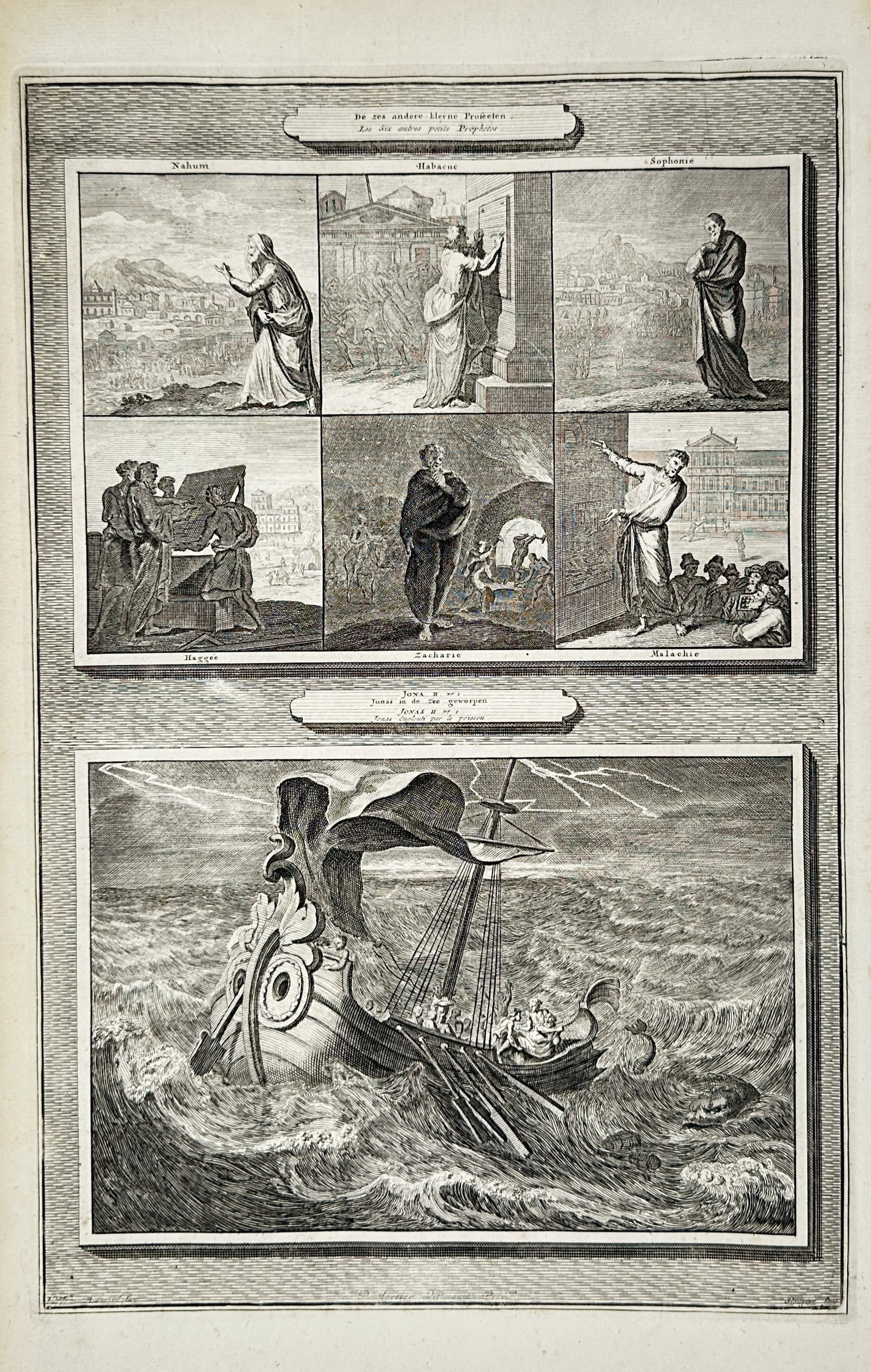 Pieter Mortier – Biblical Illustrations of the Six Minor Prophets and Jonah Cast into the Sea: This print features a composite structural layout divided into two main horizontal sections detailing Old Testament prophetic narratives. The upper section contains a grid of six smaller rectangular p