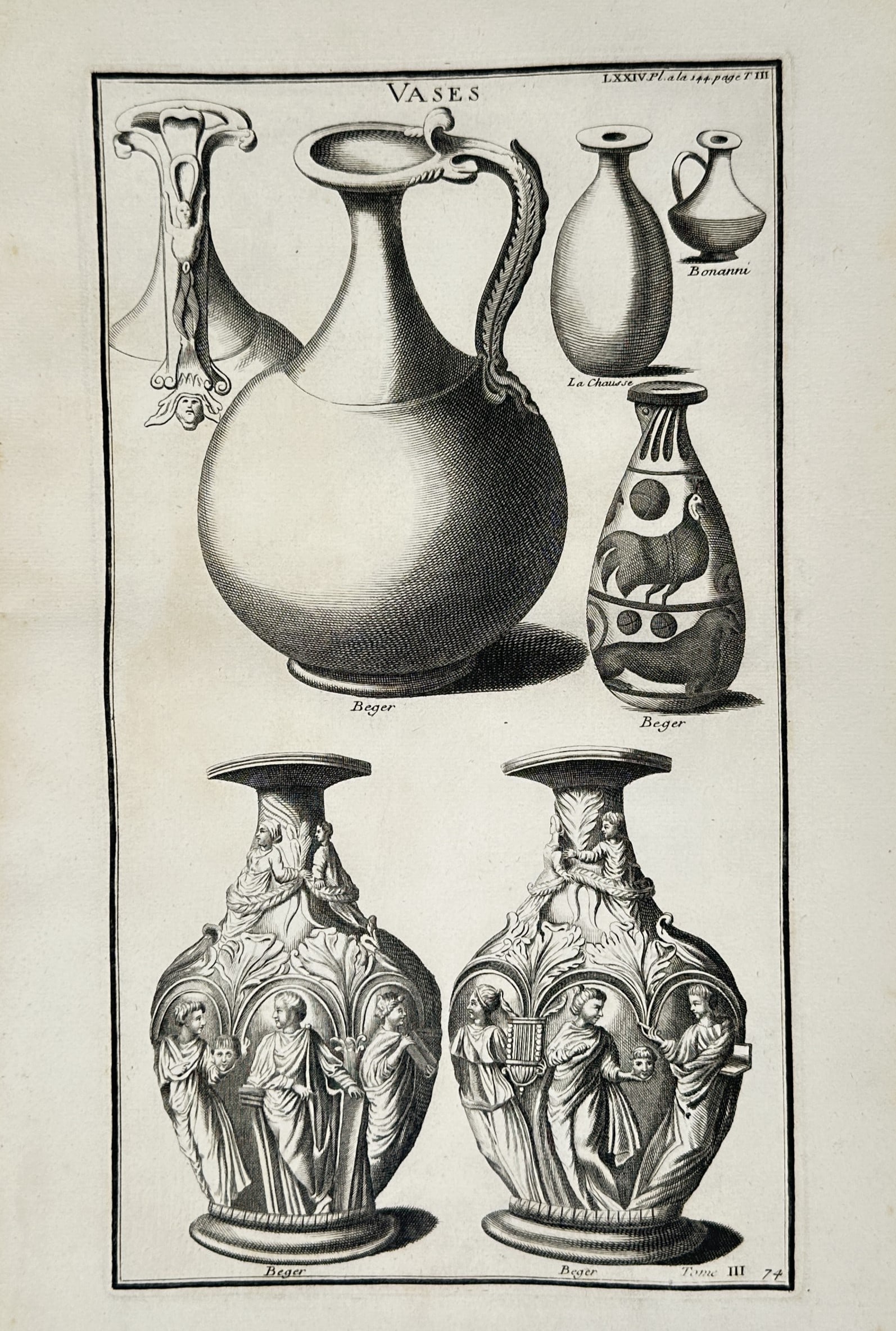 Bernard de Montfaucon – Antiquarian Illustration of Ancient Greek and Roman Vases – Engraving: "Vases" features an organized typological collection of classical vessels displayed across two main registers against a neutral white background. The upper section illustrates five diverse archaeologi