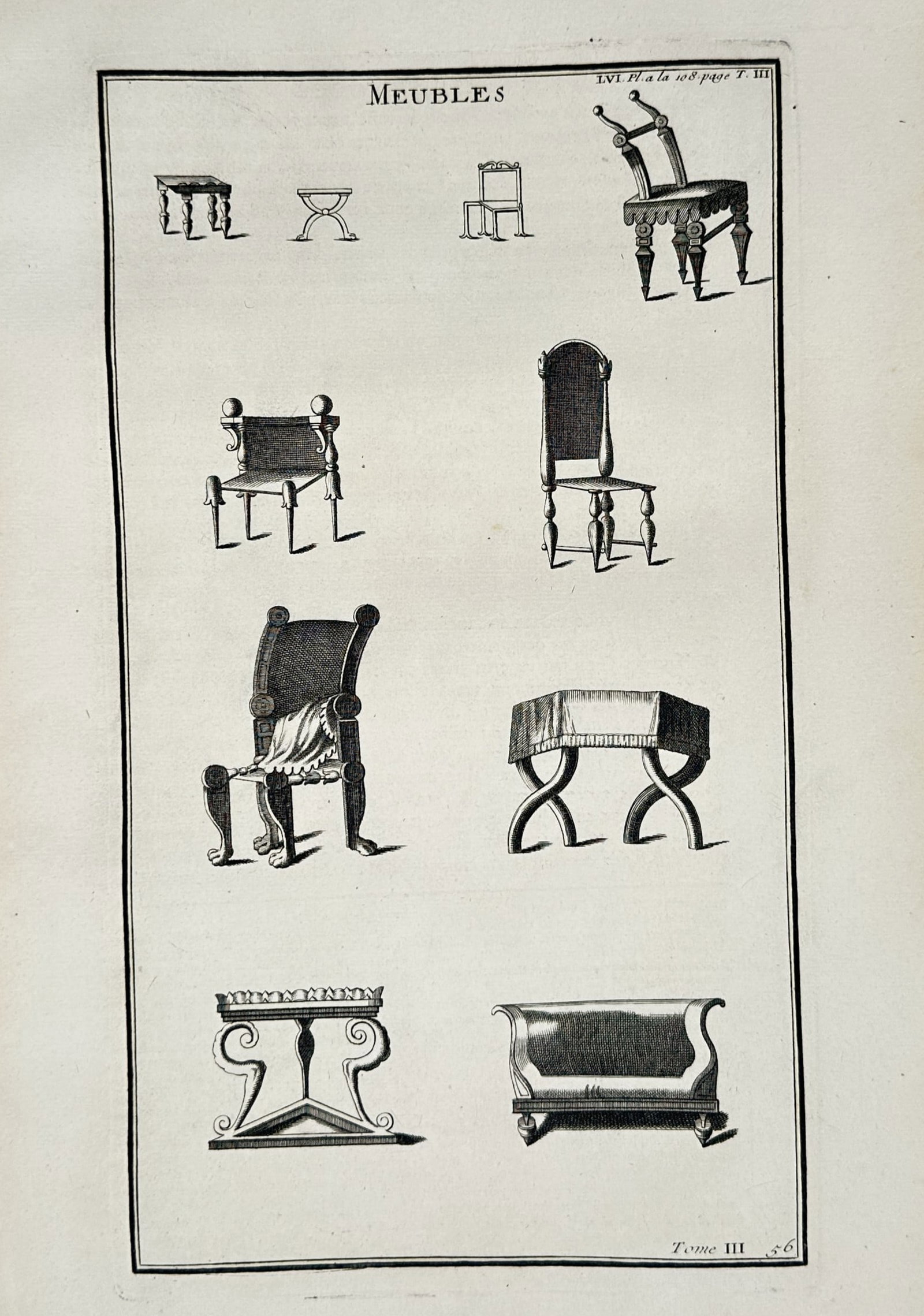 Bernard de Montfaucon – Antiquarian Illustration of Ancient Roman and Greek Furniture –: "Meubles" features a typological classification of classical furniture forms arranged across four vertical registers against a neutral backdrop. The composition displays various styles of ancient seat