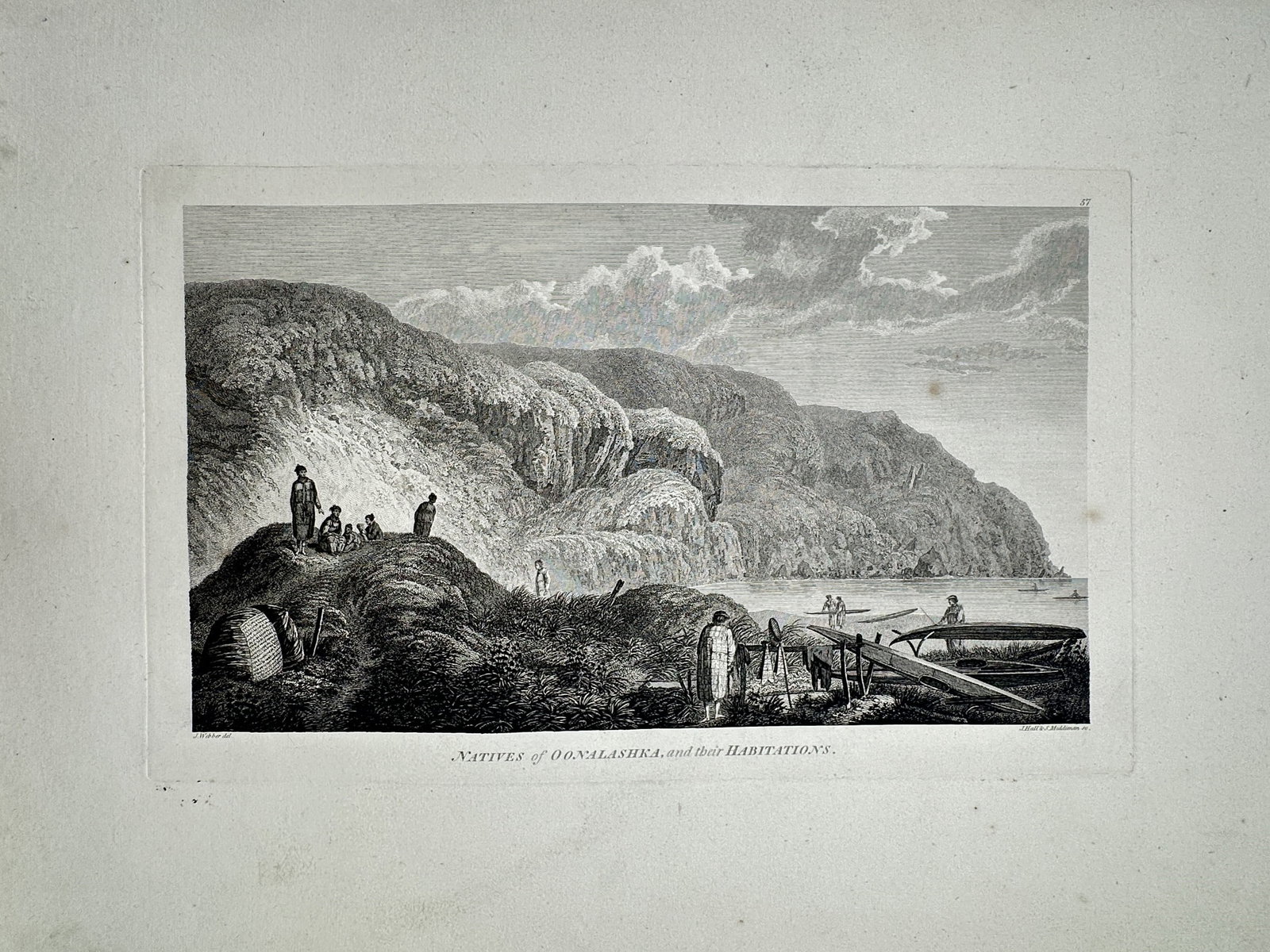 John Webber (1751–1793) – View of Unalaska Island – Engraving (1784): Natives of Oonalashka, and their Habitations illustrates an ethnographic coastal scene on Unalaska Island in the Aleutian chain, capturing the Unangan people outside their partially underground dwelli