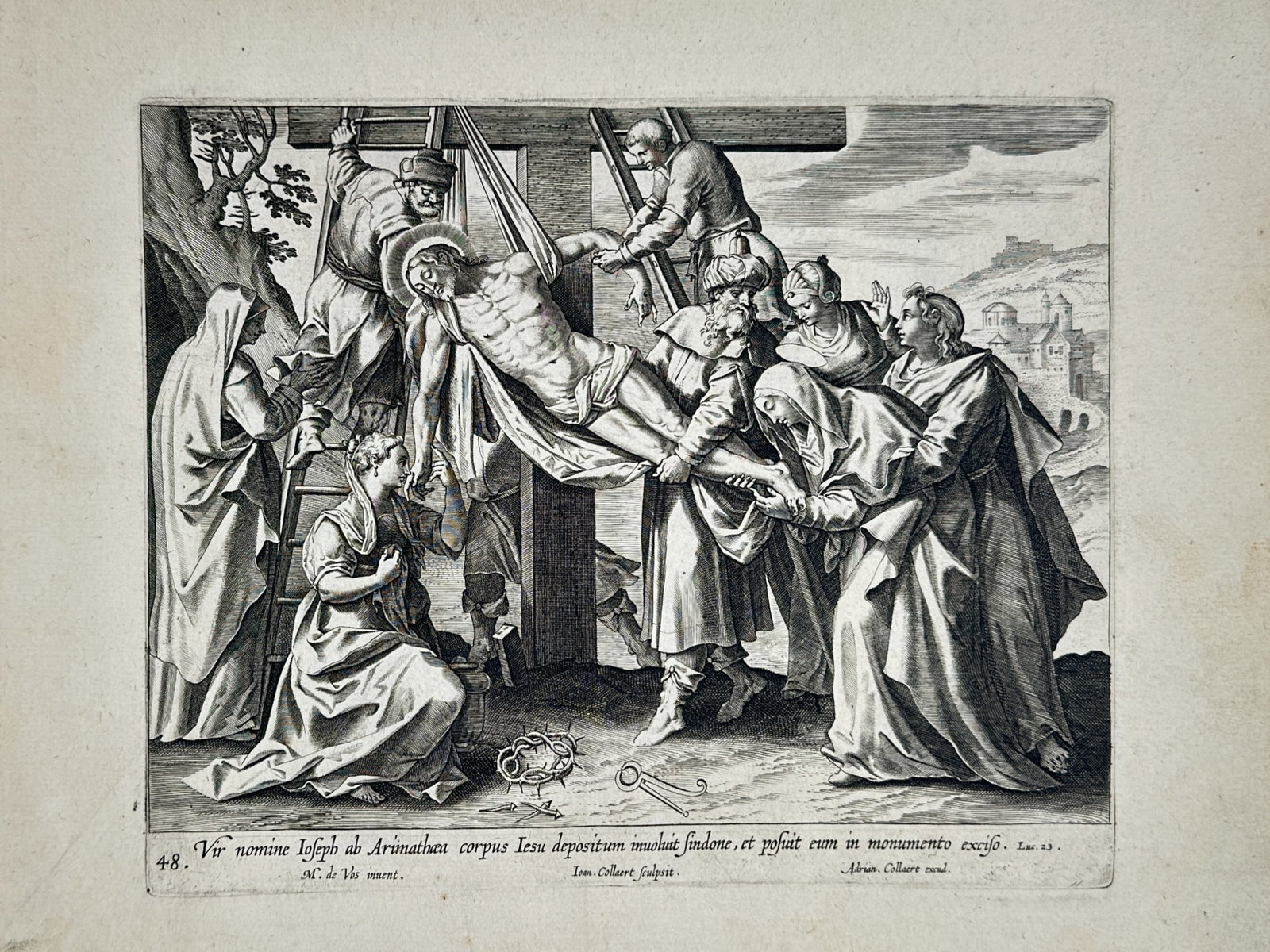 Maarten de Vos (1532–1603) – The Descent from the Cross – Engraving (circa 1585): "Vir nomine Joseph ab Arimathea" features a dynamic multi-figured biblical scene depicting the lowering of Christ's body from the cross. The composition illustrates Joseph of Arimathea and another fig
