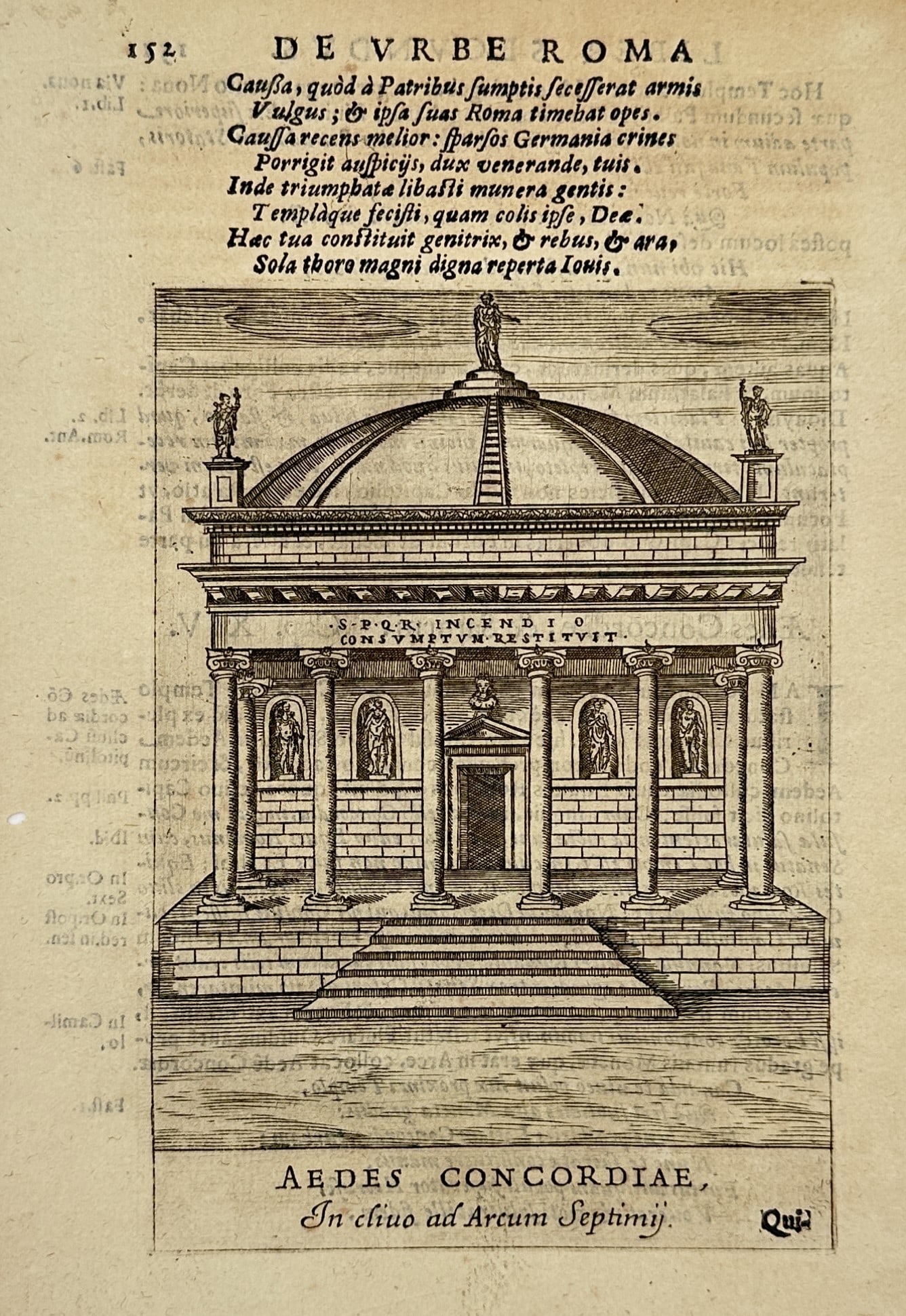 Alessandro Donati (1584–1640) – Architectural View of the Temple of Concord in Rome – Woodcut: "Aedes Concordiae" features a detailed architectural reconstruction of the ancient Roman Temple of Concord situated on a multi-tiered stone foundation. The composition illustrates the temple's classic