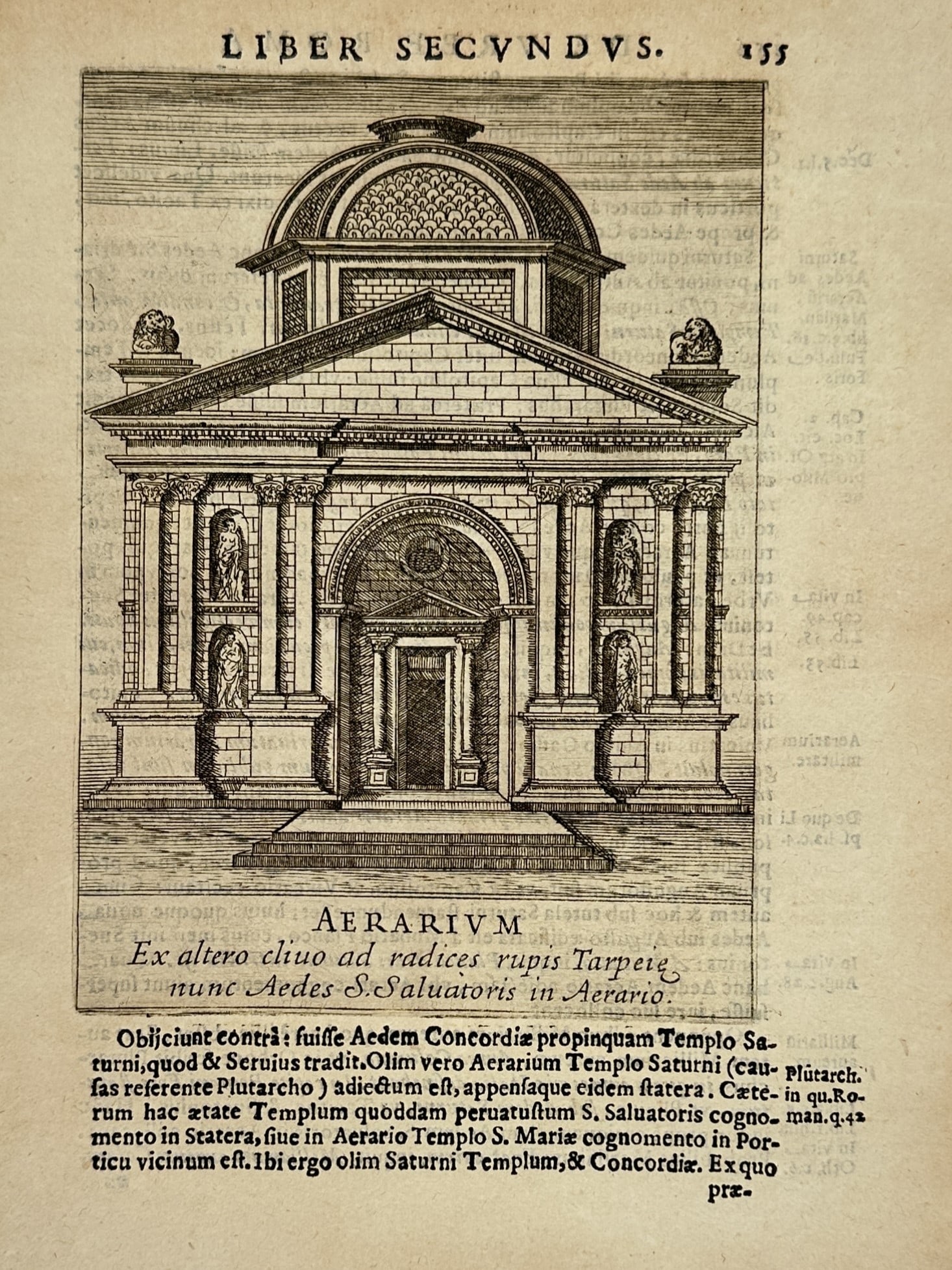 Alessandro Donati (1584–1640) – Architectural View of the Aerarium in Rome – Woodcut (1639): "Aerarium" features a detailed architectural reconstruction of the ancient Roman public treasury structure located on a raised stone platform. The composition illustrates the building's classical faca