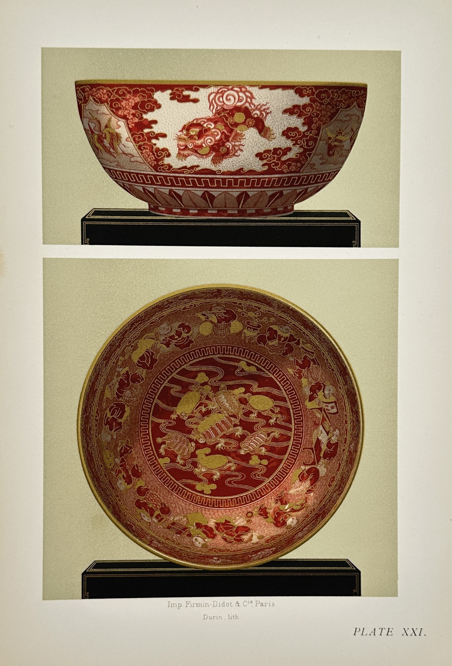 Henry Shaw – Decorative Studies of a Chinese Enameled Bowl – Chromolithograph (1851): "Plate XXI" features two detailed archaeological illustrations of an ornate Chinese ceramic or enameled metal vessel displayed vertically against soft greenish-gray background fields. The upper panel 