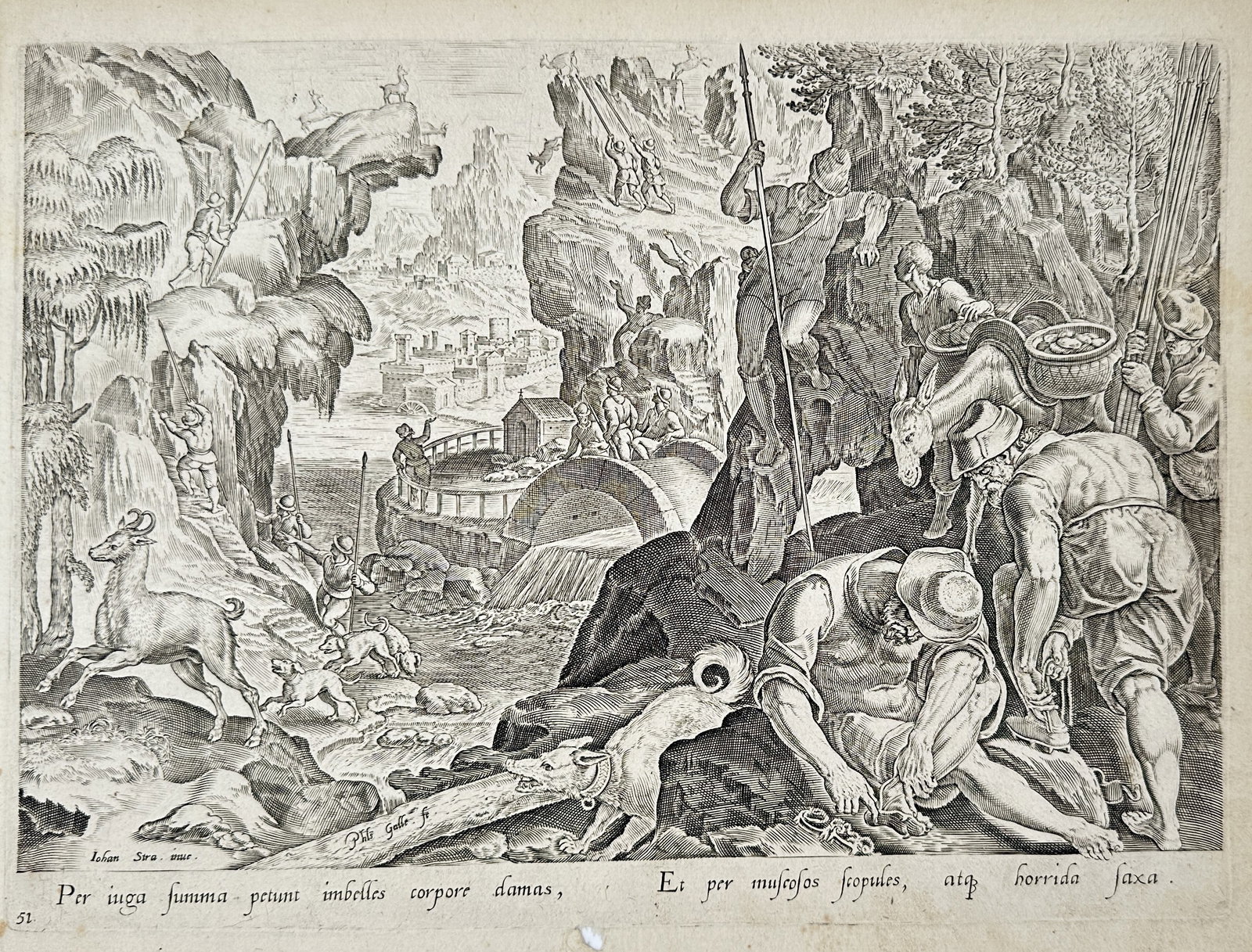 Johannes Stradanus (1523–1605) – Hunting Mountain Goats on Rocky Cliffs – Engraving (1578) (1 of 2)