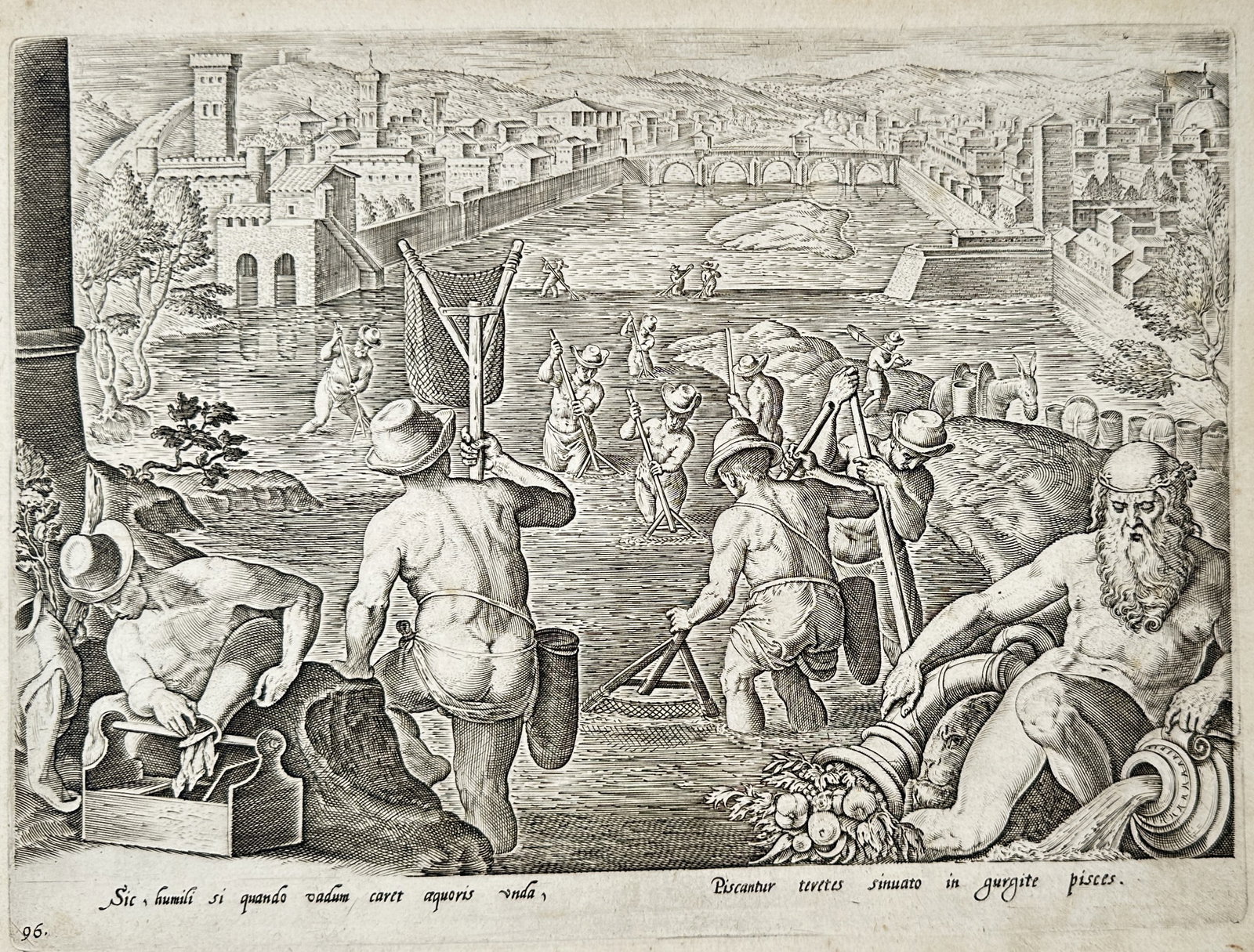 Johannes Stradanus (1523–1605) – River Fishing in the Arno in Florence – Engraving (1578) (1 of 2)