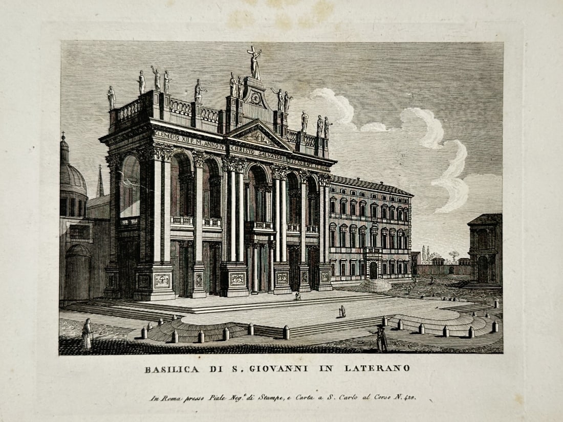 Pietro Parboni (1783–1841) – View of the Basilica of Saint John Lateran – Engraving (1818): The work features a detailed architectural view of the main facade of the Basilica of San Giovanni in Laterano in Rome, set within an open piazza under a sky filled with stylized, sweeping clouds. The