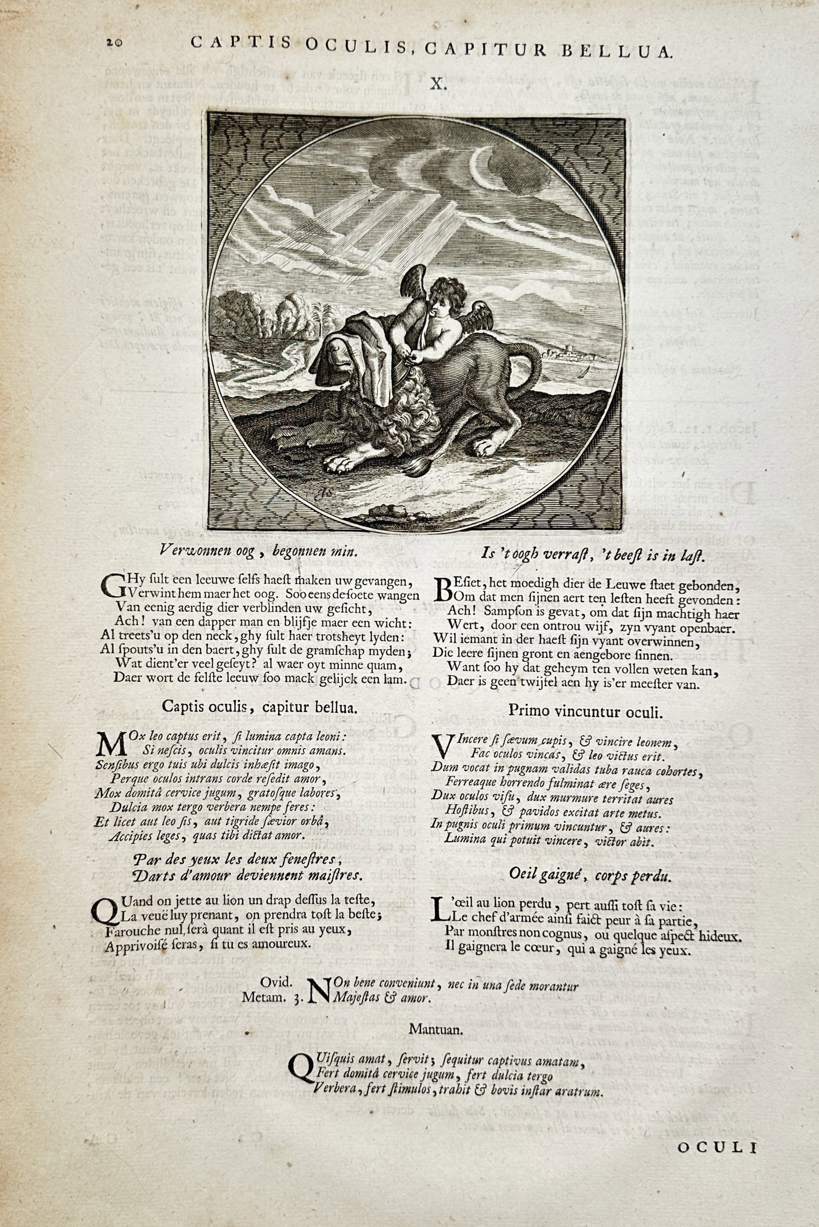 Jacob Cats (1577–1660) – Blinded Eyes, The Beast is Captured – Engraving (1627): "Captis Oculis, Capitur Bellua" depicts a winged Cupid placing a cloth over the eyes of a lion within a circular frame, set against a night sky with a crescent moon, symbolizing how love tames even th