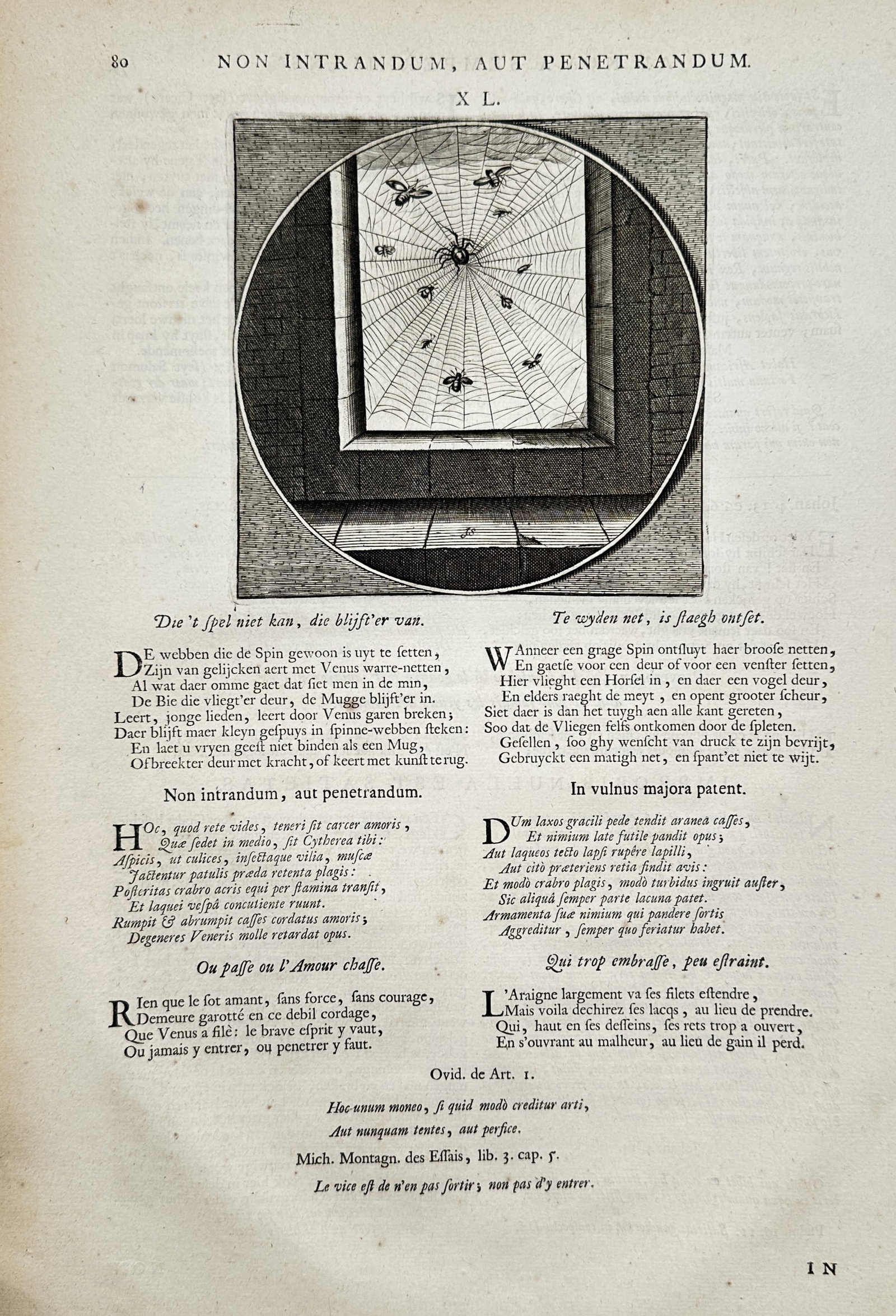 Jacob Cats (1577–1660) – Either Do Not Enter, Or Penetrate – Engraving (1627): "Non Intrandum, Aut Penetrandum" illustrates a spider positioned at the center of its web spun across a window frame, surrounded by trapped flies, presented within a circular medallion. This work is a