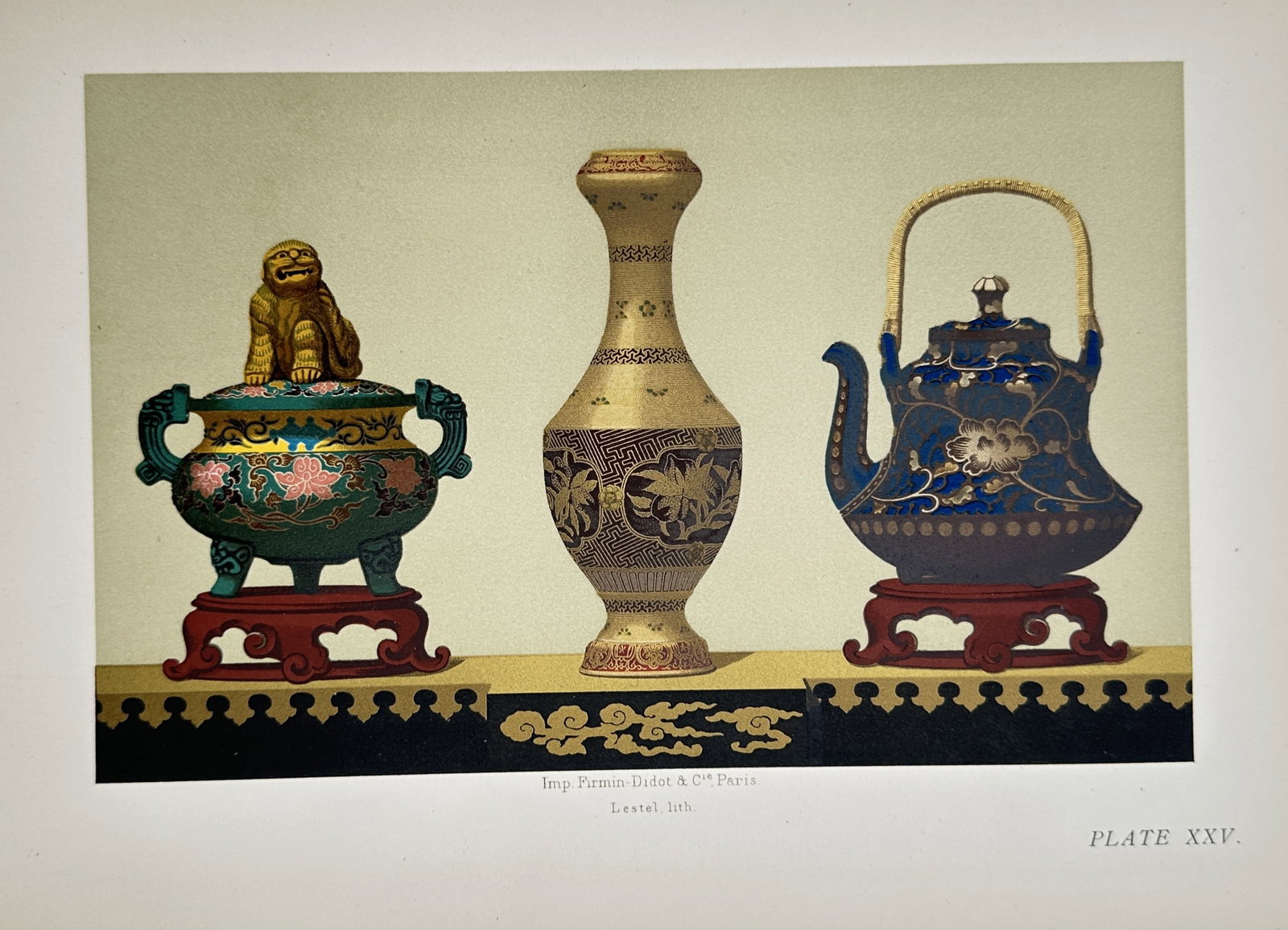Henry Shaw (1800–1873) – Japanese and Chinese Decorative Arts – Chromolithograph: "PLATE XXV." illustrates three intricate Asian vessels arranged horizontally on a black and gold lacquer surface: a green cloisonné enamel incense burner on a red wooden stand featuring a sculpted go