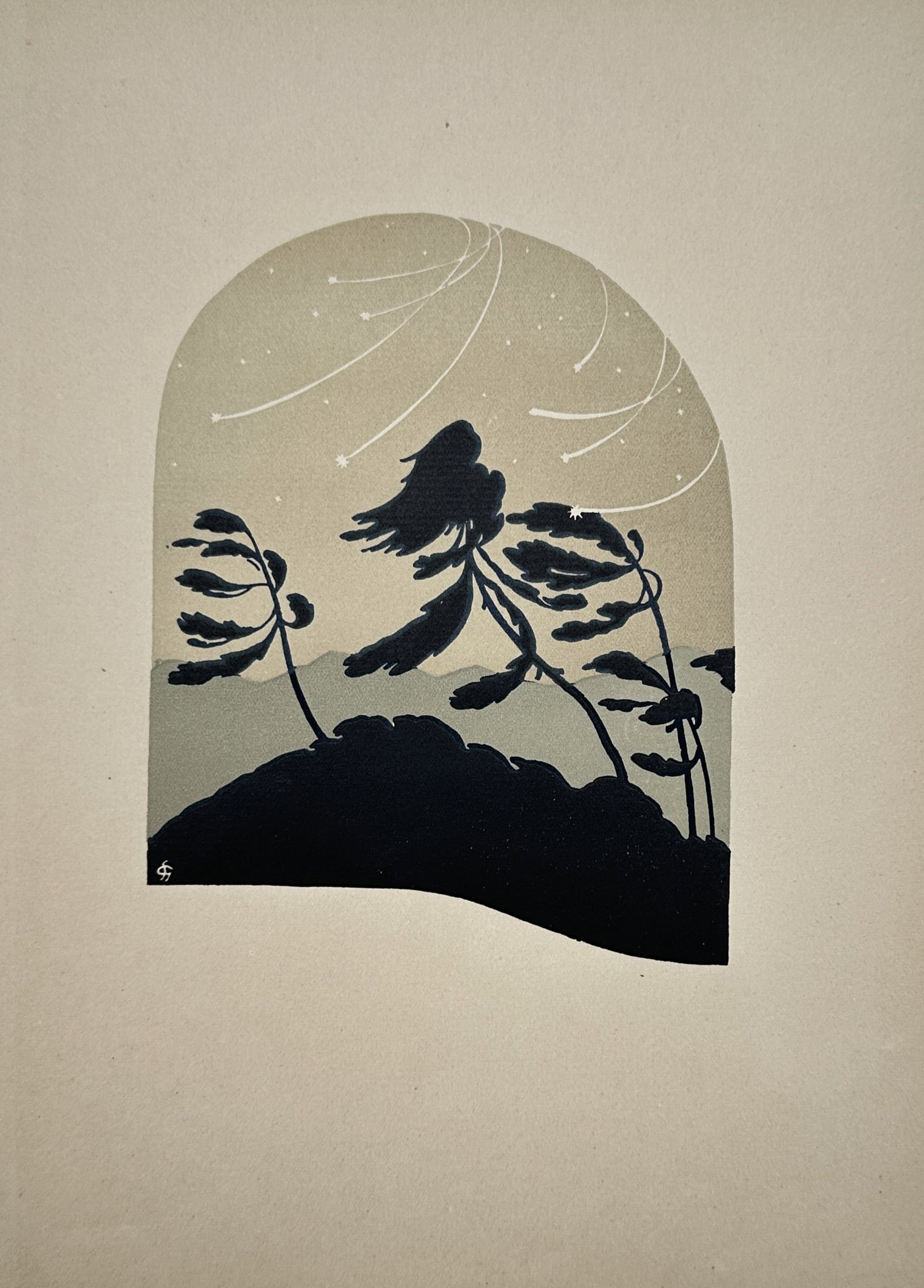 Gaston-Stéphane (fl. c. 1920s) – Windswept Trees under a Meteor Shower – Lithograph (circa (1 of 2)