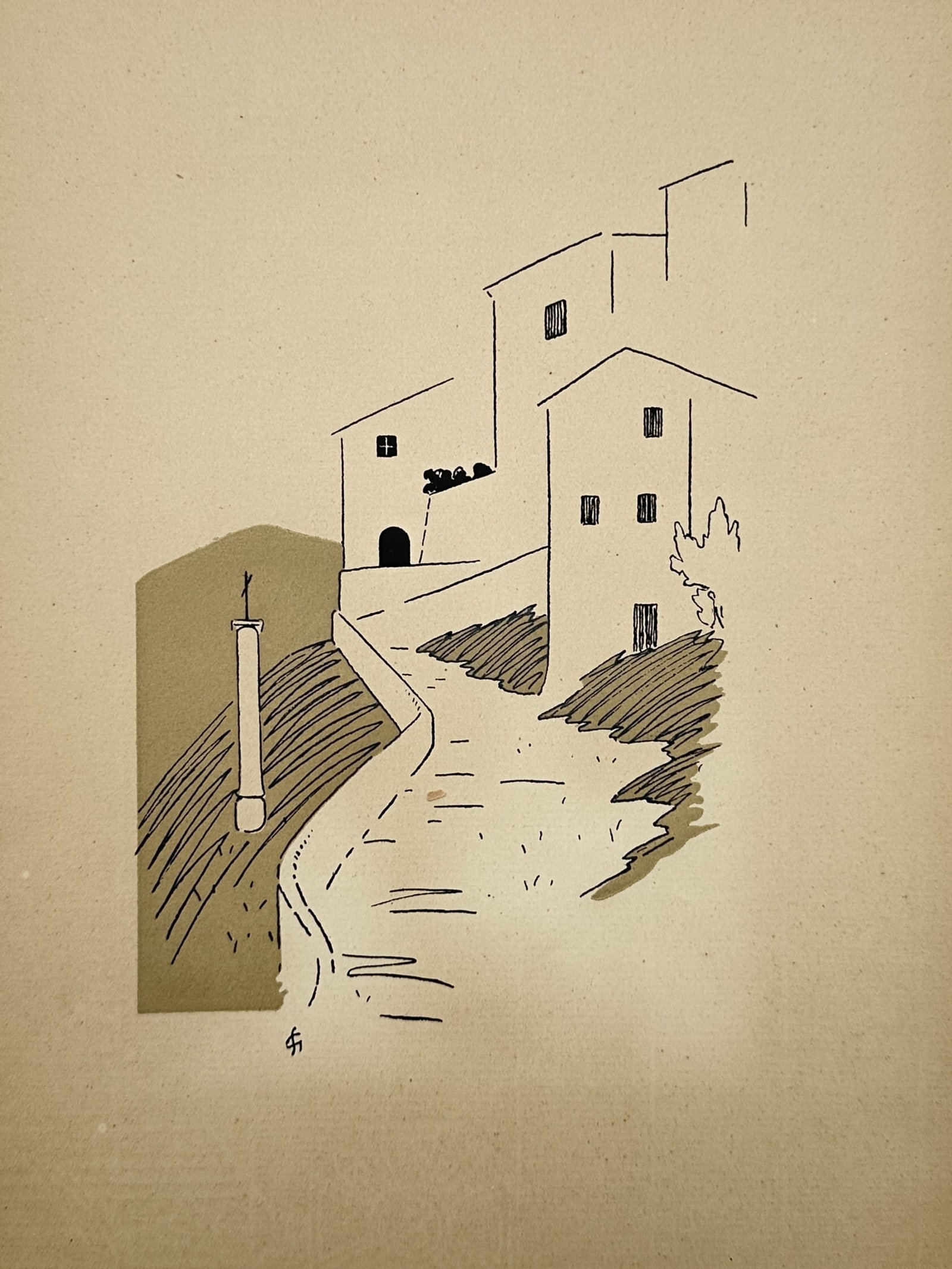Gaston-Stéphane (fl. c. 1920s) – Hillside Village Path with Column – Lithograph (circa 1923): A minimalist Art Deco composition rendered in clean line work depicts a winding pathway leading up toward a cluster of terraced hillside buildings or villas. On the left side of the path, a slender co
