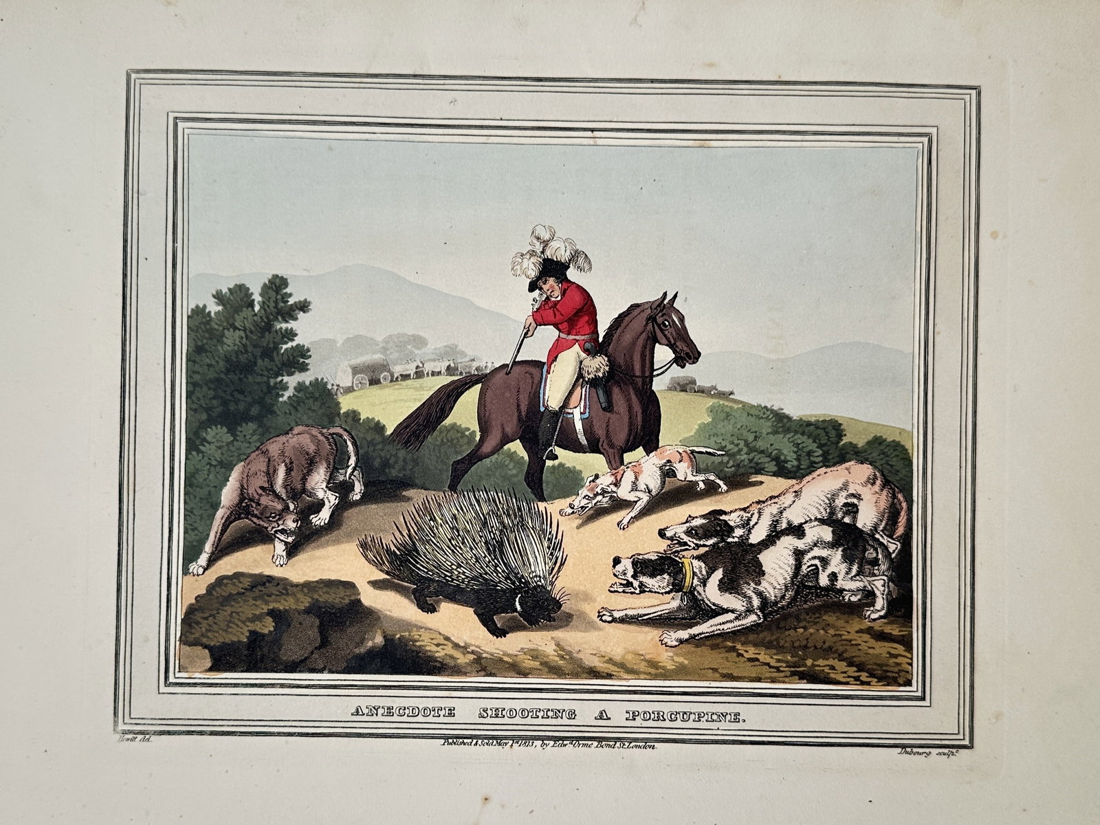 Samuel Howitt (1756/57–1822) – Anecdote Shooting a Porcupine – Hand-coloured Aquatint (1813) (1 of 2)