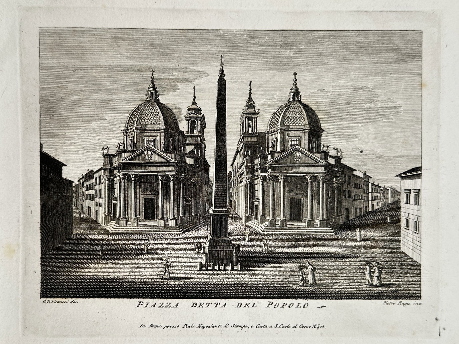 Pietro Ruga (act. 1800–1850) – Piazza detta del Popolo – Engraving (circa 1818): "PIAZZA DETTA DEL POPOLO" illustrates the symmetrical urban design of the Piazza del Popolo in Rome, centered on the towering ancient Egyptian Flaminio Obelisk. Flanking the three streets branching ou