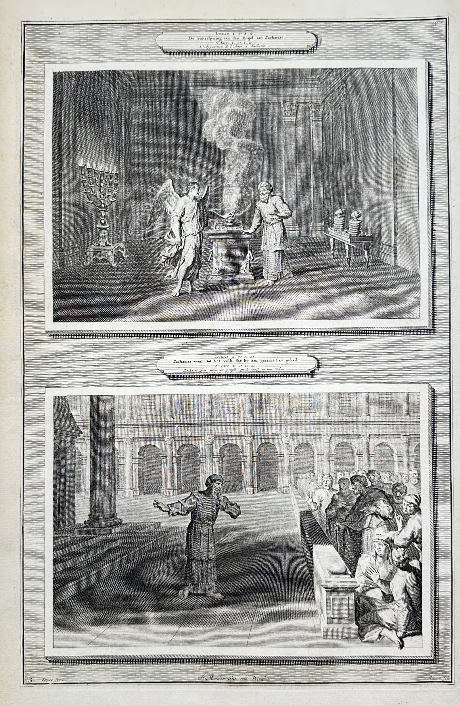 Pieter Mortier (1761–1808) – The Vision of Zechariah and Zechariah Mute Before the People: "LUKAS I. v. 11. & v. 22." illustrates two successive biblical events from the Gospel of Luke arranged in separate horizontal panels. The upper scene shows the high priest Zechariah inside the temple 