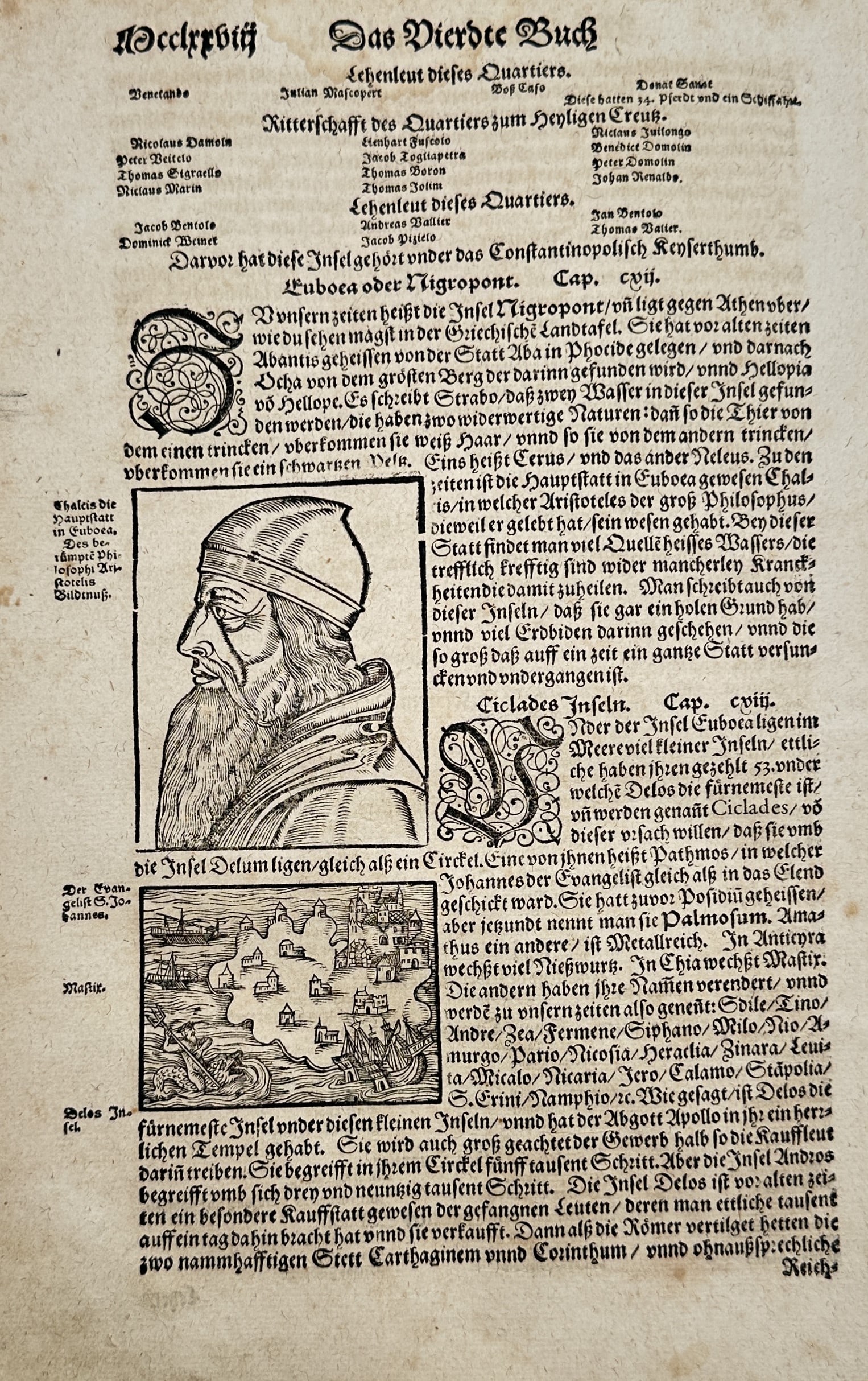 Sebastian Münster (1488–1552) – Euboea, Aristotle, and the Cyclades Islands – Woodcut (1 of 2)