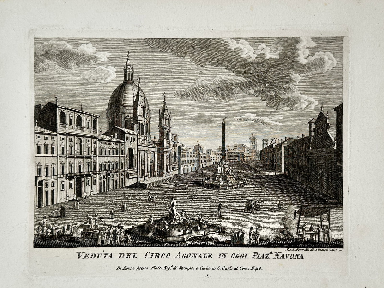 Pietro Parboni (1756–1829) – View of the Circus Agonale in today's Piazza Navona: illustrates the expansive, oval-shaped Piazza Navona in Rome, capturing the dramatic Baroque facade and soaring dome of the Church of Sant'Agnese in Agone on the left. The long, perspective-driven vie