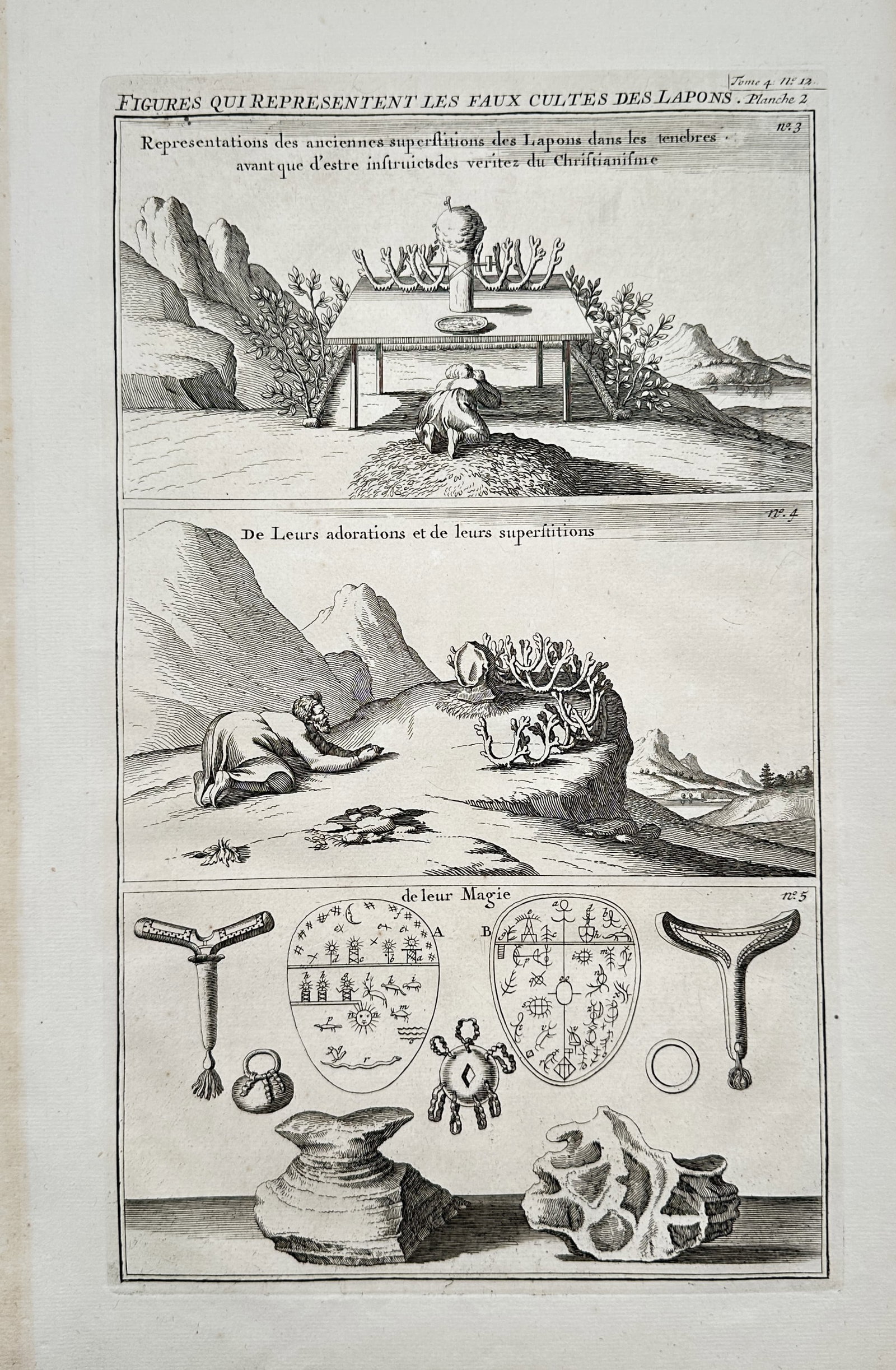 Henri Abraham Chatelain – Religious Rites and Magic of the Laplanders – Engraving (1720): Illustrates the religious ceremonies, traditional shamanism, and sacred objects of the indigenous Sami people of northern Scandinavia. The upper register shows a worshiper prostrating before a wooden 