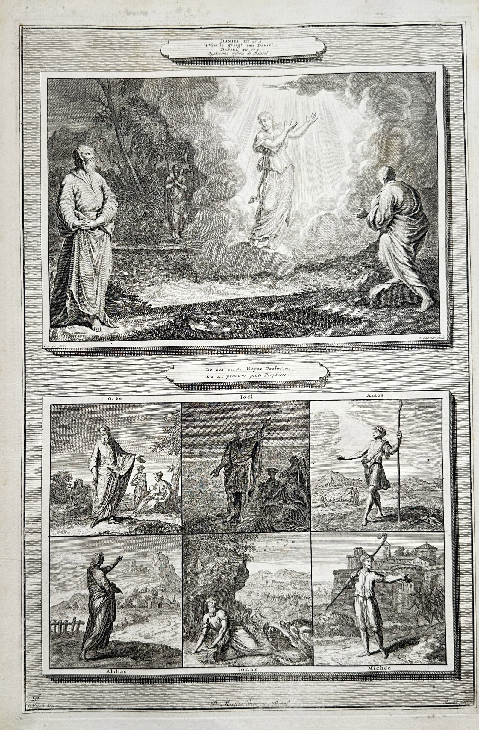 Pierre Mortier (1661–1711) – The Visions of Daniel and the Six Minor Prophets – Engraving: "Visions of Daniel and the Six Minor Prophets" illustrates a sacred biblical composition divided into two distinct primary sections. The upper register depicts a dramatic vision from the Book of Danie