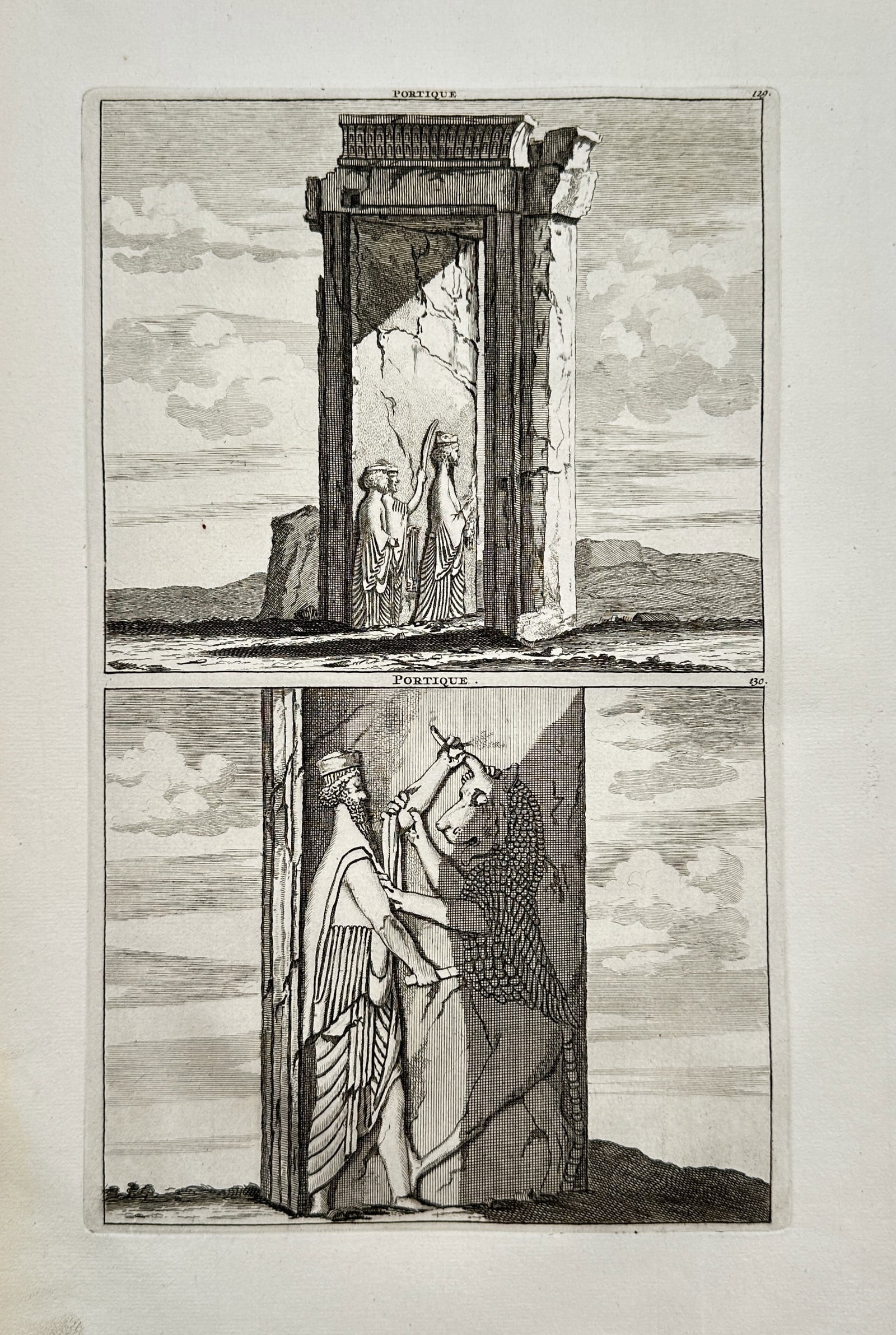 Cornelis de Bruyn – Portals and Reliefs of Persepolis – Engraving (1718): "Portique" illustrates an archaeological and architectural study divided into two distinct registers showing structural ruins from the ancient Persian capital of Persepolis. The upper register display