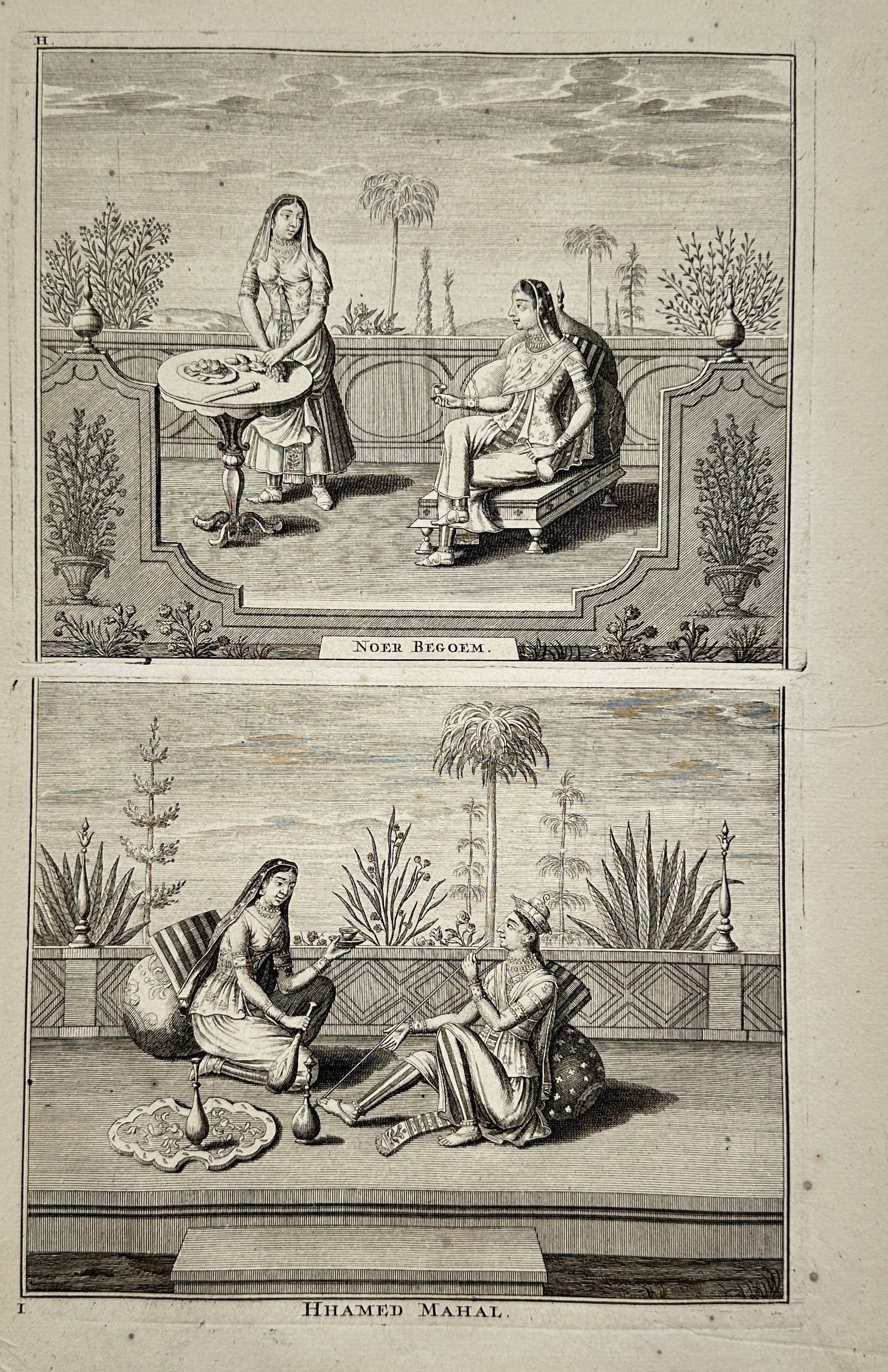 François Valentijn (1666–1727) – Portraits of Nur Jahan and Hamida Banu Begum: "Noer Begoem" illustrates a historical two-tier study of prominent Mughal imperial women set within elegant terrace gardens. The upper register features Empress Nur Jahan ("Noer Begoem") seated on a l