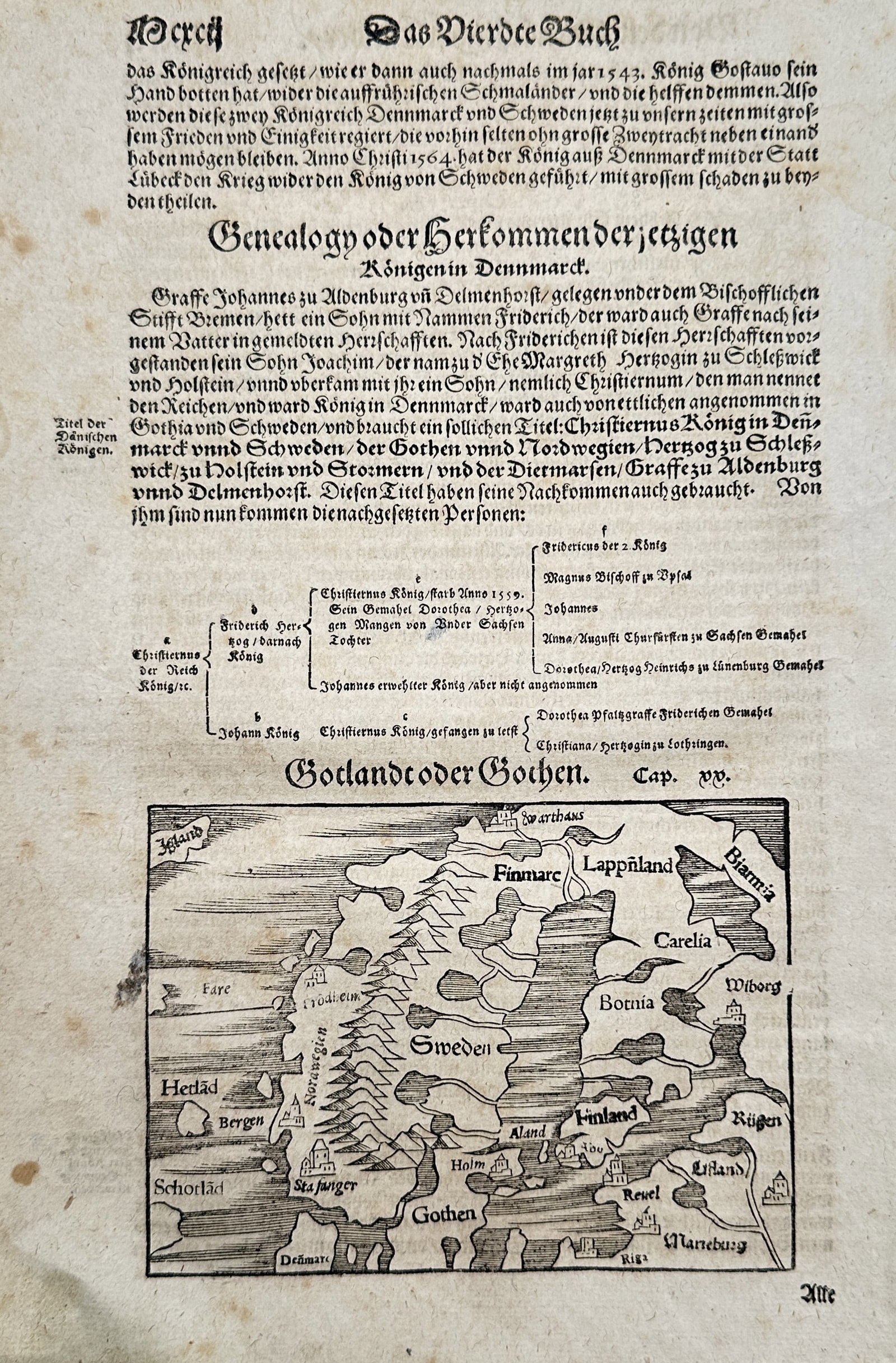Sebastian Münster – Map of Scandinavia and the Danish Royal Genealogy – Woodcut: "Das Vierdte Buch" illustrates a historical geographical and genealogical chronicle page dedicated to Northern Europe. The upper section contains German blackletter text describing the Kingdom of Denm