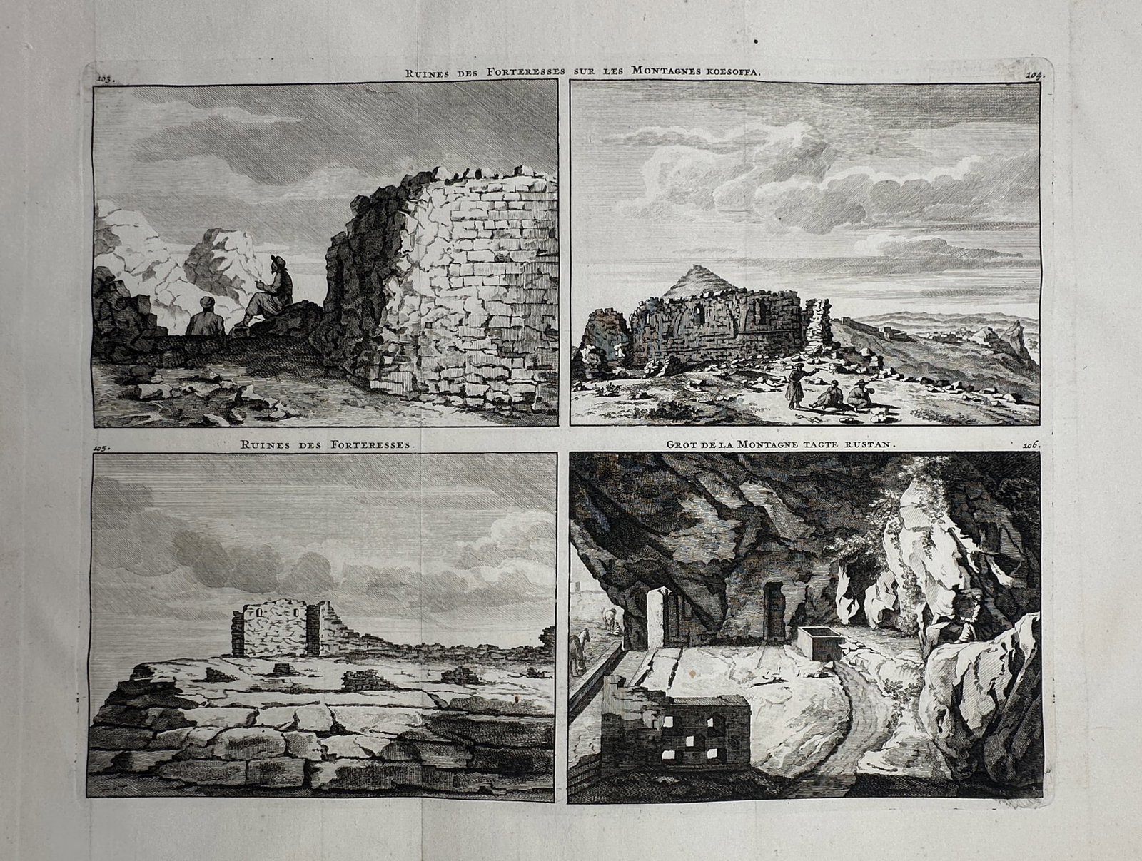 Cornelis de Bruyn – Views of Persian Fortresses and Taq-e Bostan Caves – Engraving (1 of 2)