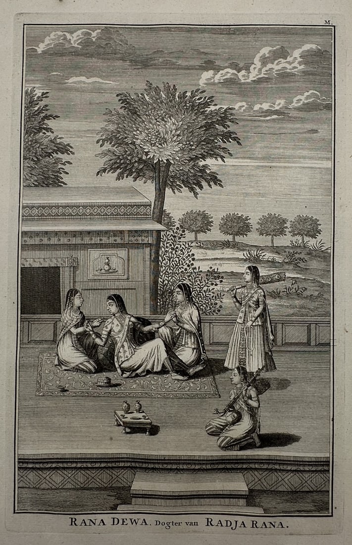 François Valentijn (1666–1727) – Portrait of Rana Dewa, Daughter of Raja Rana – Engraving: Rana Dewa, Dogter van Radja Rana. illustrates an ethnographic genre study capturing an Indian court scene situated on an open architectural terrace. The composition centers on a group of noblewomen at
