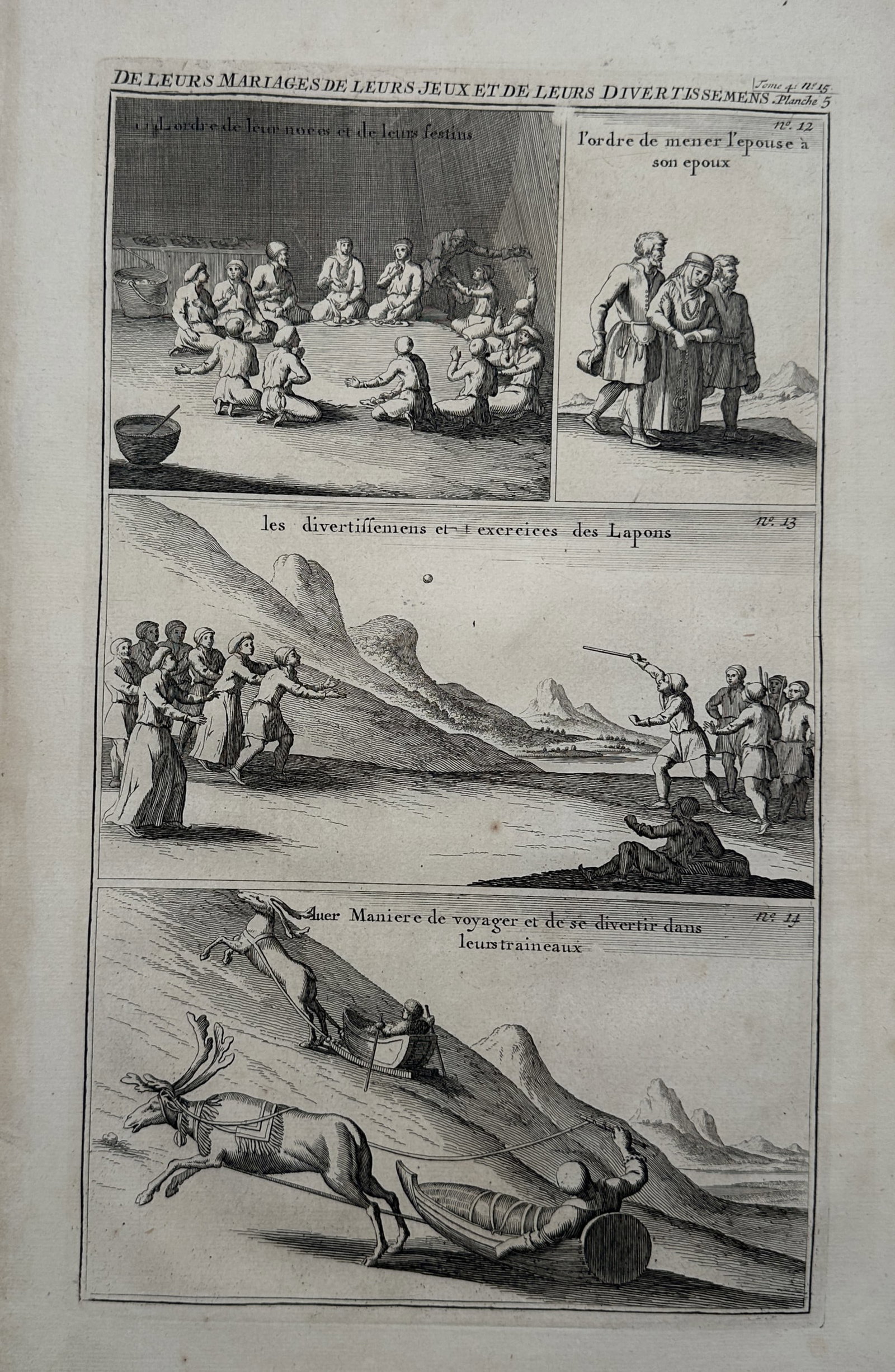 Henri Abraham Chatelain – Study of Lapland Weddings, Games, and Reindeer Sleds – Engraving (1 of 2)
