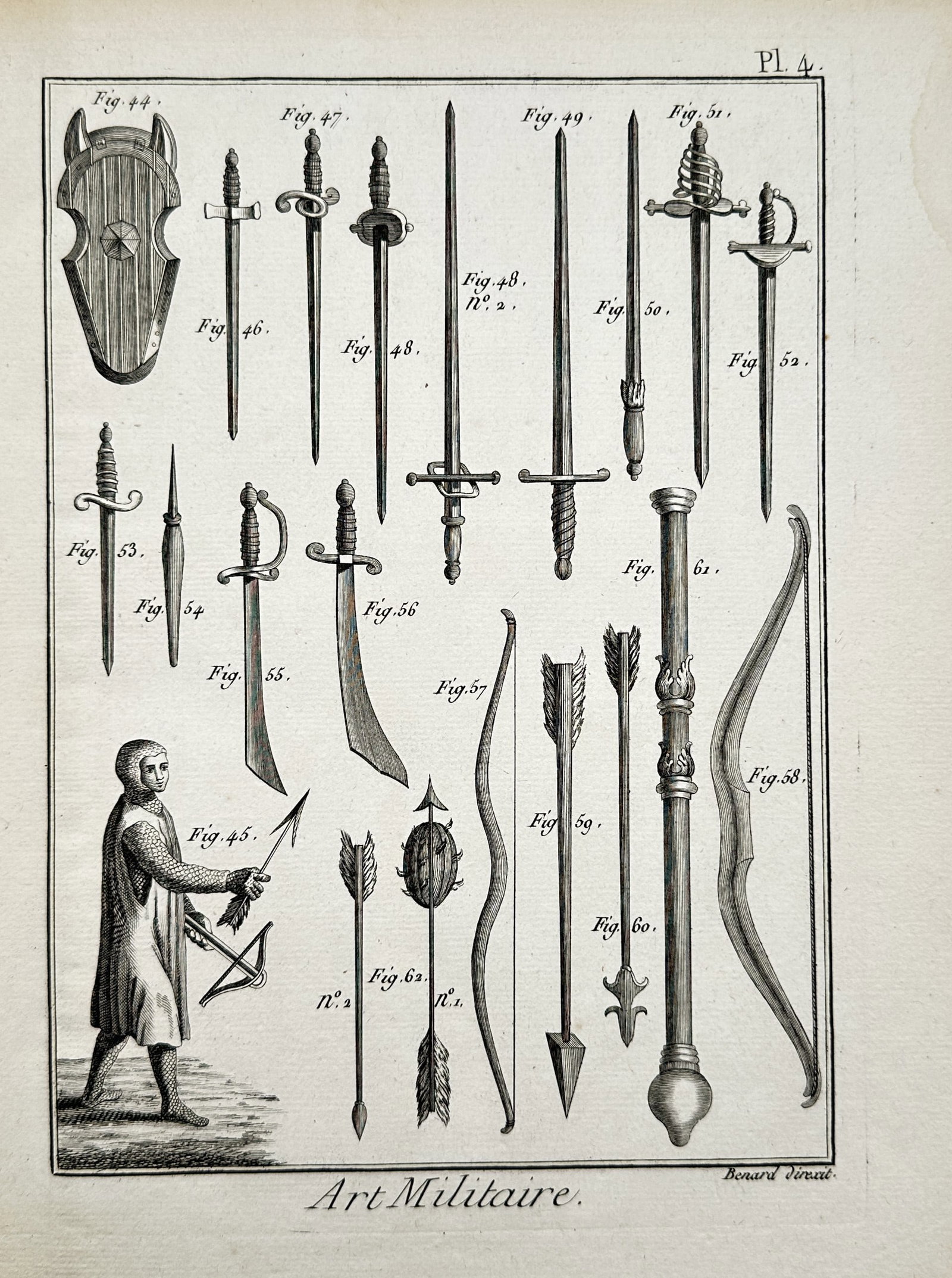 Robert Bénard (1734–1785) – Study of Ancient and Medieval Weapons – Engraving: "Art Militaire" (Plate 4) illustrates a military history study presented in a multi-register layout cataloging a comprehensive array of historic offensive and defensive weaponry. The upper and middle 