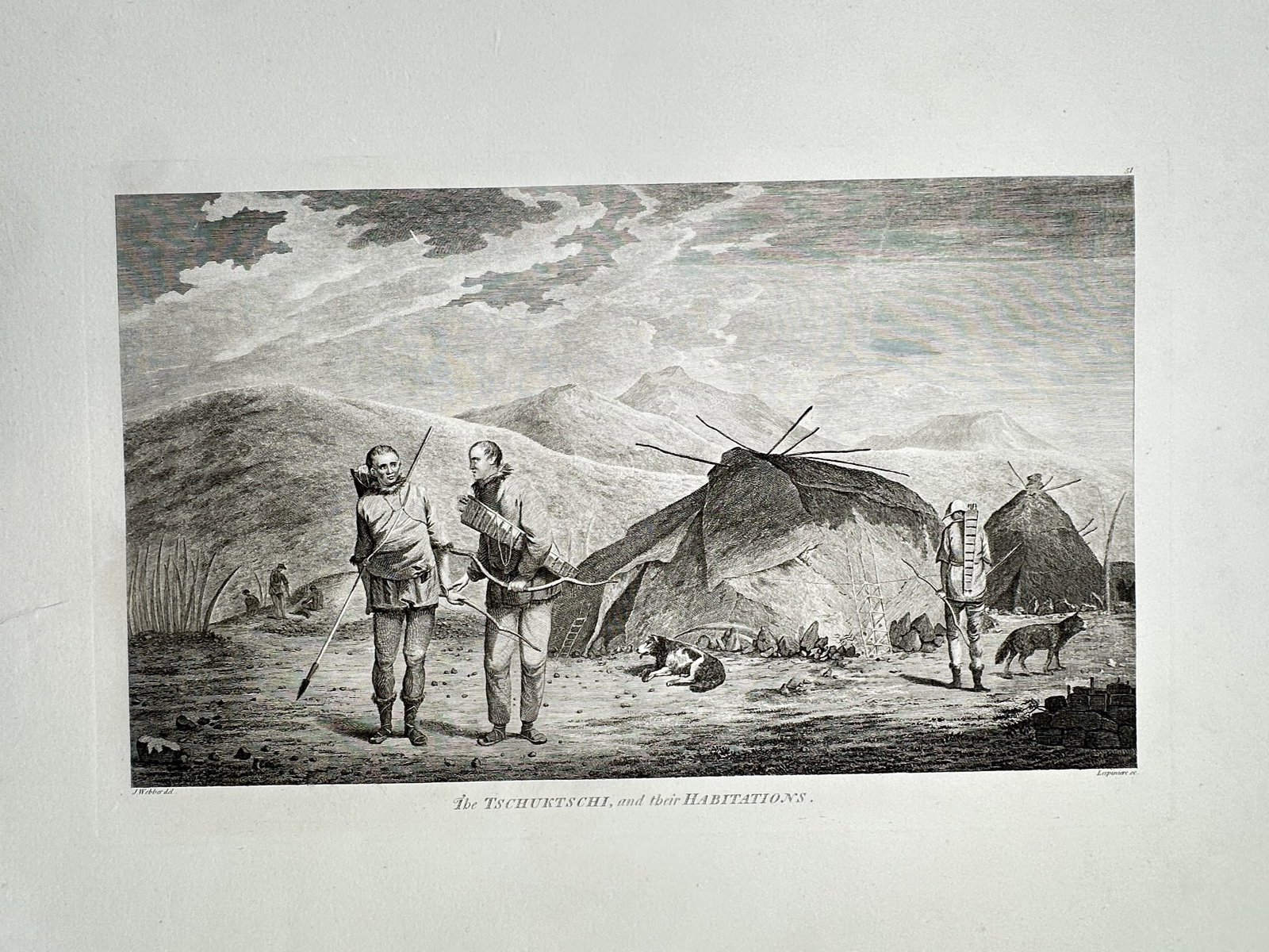 John Webber (1751–1793) – The Tschuktschi, and Their Habitations – Engraving (1784): Illustrates a significant ethnographic landscape study documenting the Chukchi people of the Chukchi Peninsula in Siberia. The composition focuses on two Chukchi men standing in the left foreground ho