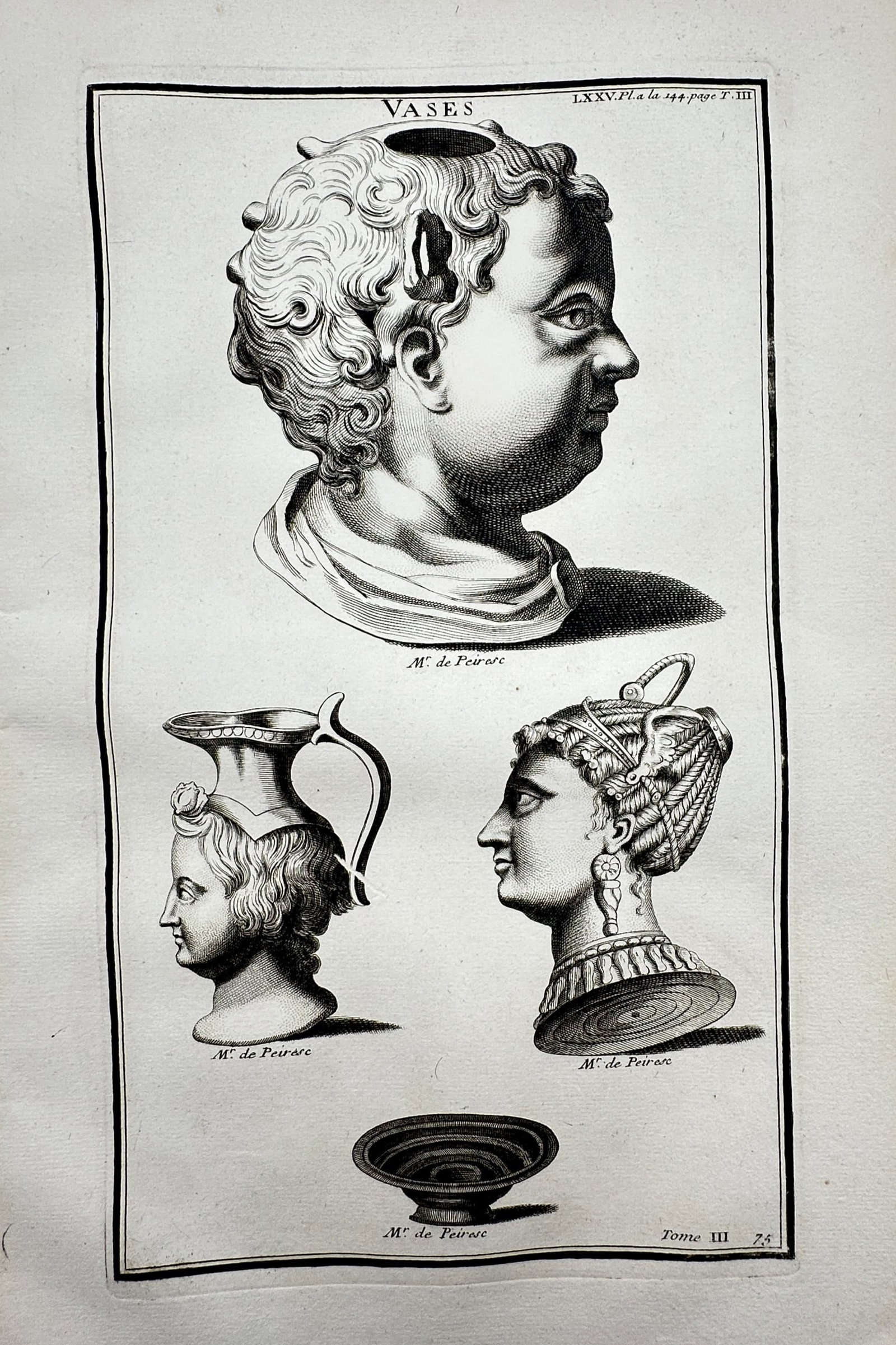 Bernard de Montfaucon – Study of Ancient Anthropomorphic Vases and Vessels – Engraving (1 of 2)