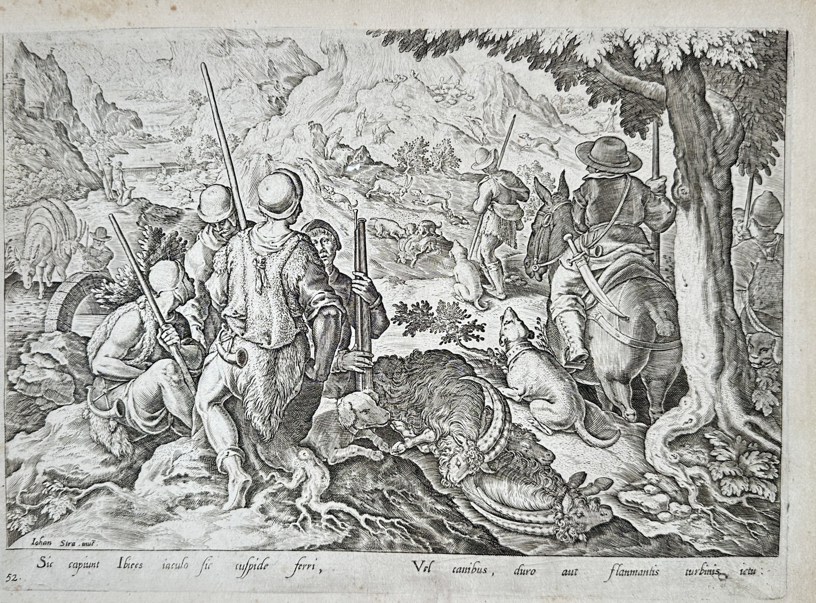 Johannes Stradanus (1523–1605) – Ibex Hunting Scene (Venationes) – Engraving (1578) (1 of 2)