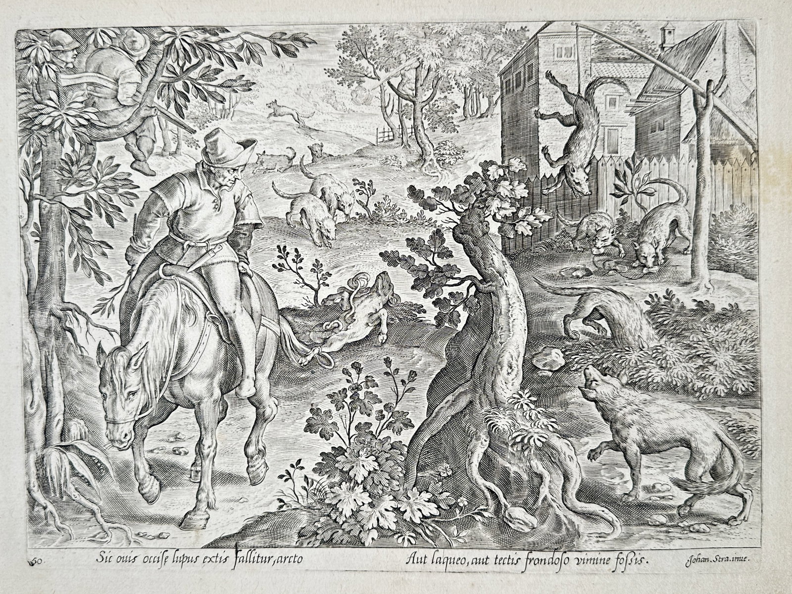 Johannes Stradanus (1523–1605) – Wolf Hunting and Trapping Scene (Venationes) – Engraving (1 of 2)