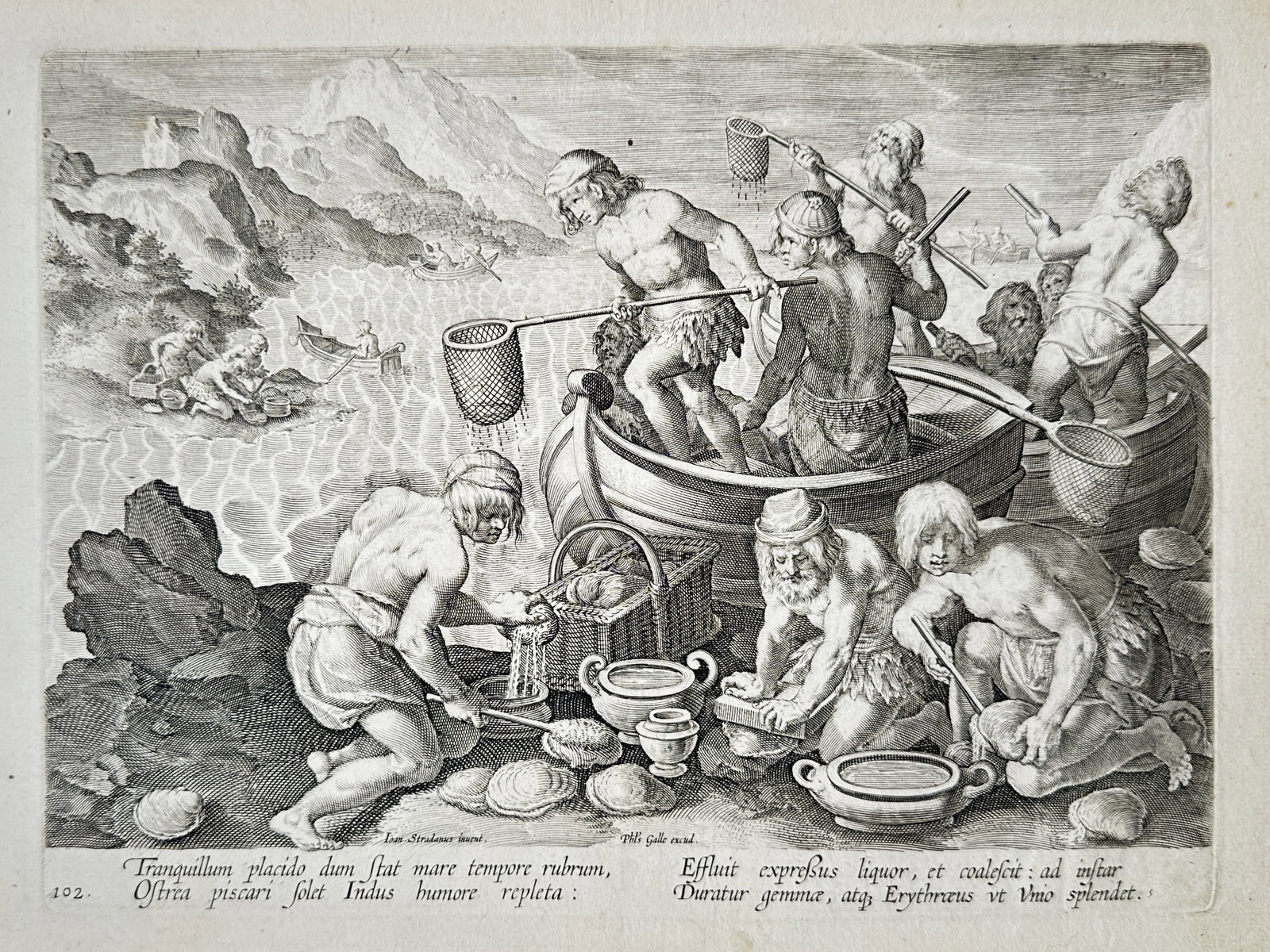 Johannes Stradanus (1523–1605) – Pearl Fishing Scene (Venationes) – Engraving (1578) (1 of 2)