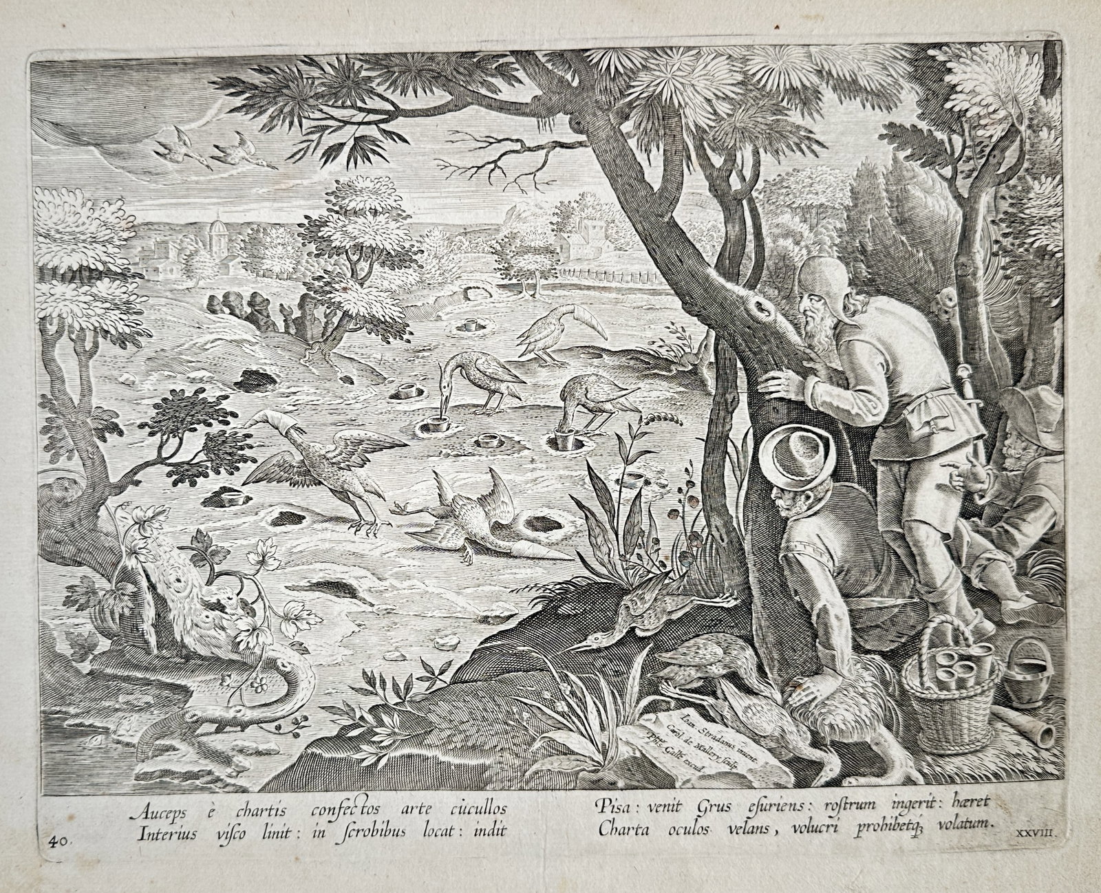 Johannes Stradanus (1523–1605) – Crane Trapping with Paper Cones (Venationes) – Engraving: "Auceps è chartis confectos arte cucullos / Interius visco linit..." illustrates an ingenious Renaissance fowling scene documenting a traditional method used by birdcatchers to capture cranes and oth
