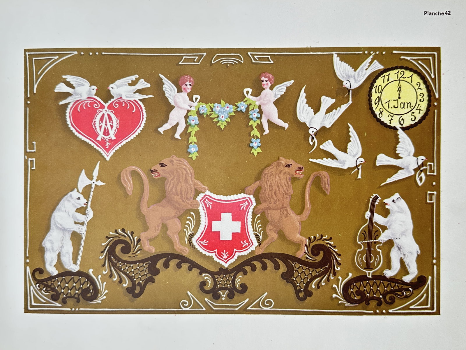 Thérèse de Dillmont – Swiss Allegory with Lions, Bears, and Cherubs – Chromolithograph (1 of 2)