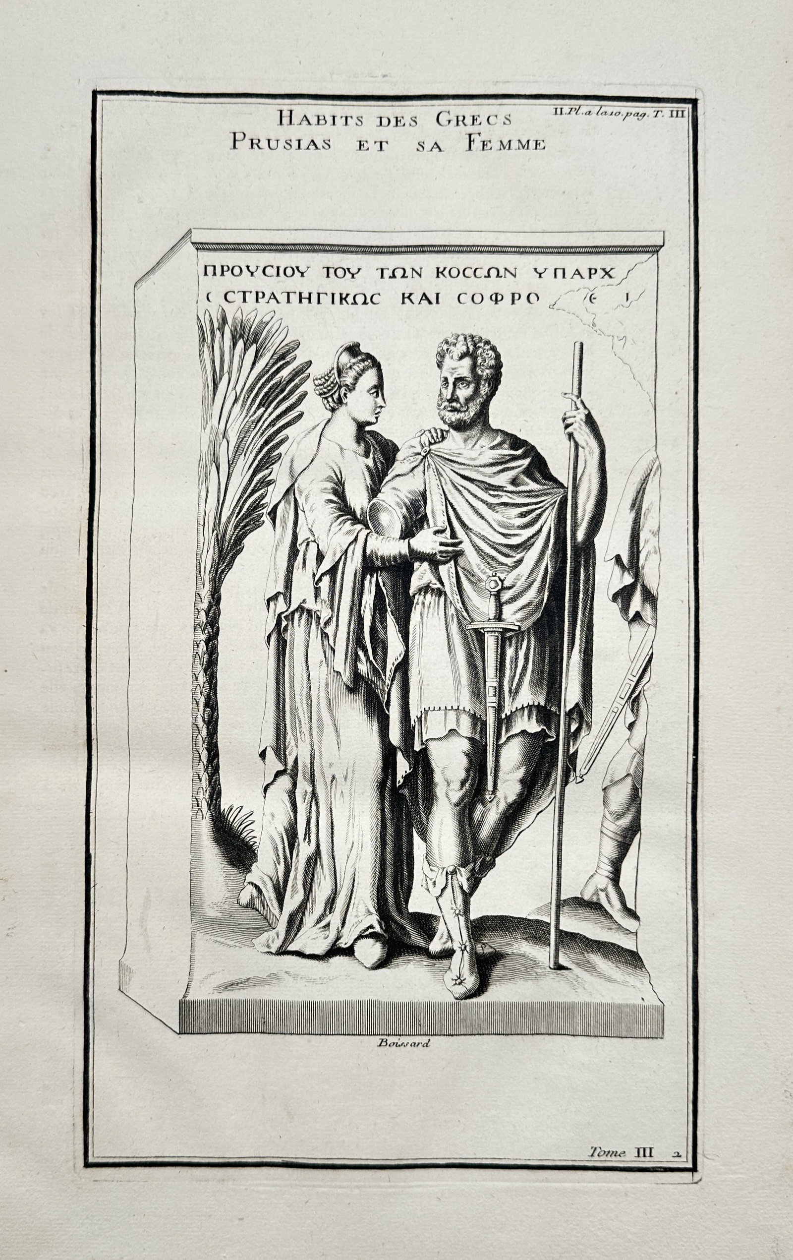 Bernard de Montfaucon (1655–1741) – Greek Costumes: Prusias and His Wife – Engraving (1719) (1 of 2)