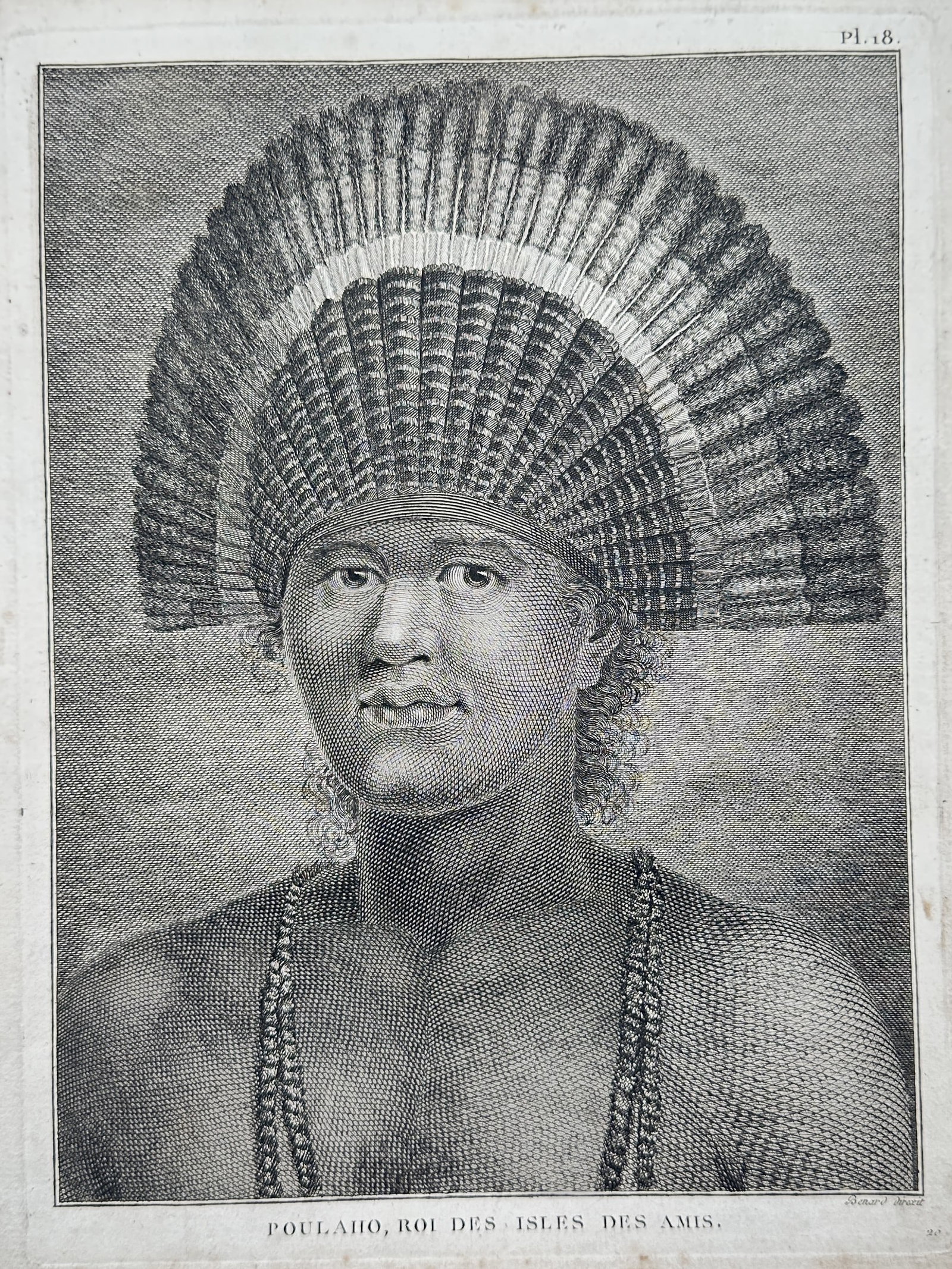 John Webber (1752–1793) – Poulaho, King of the Friendly Islands – Hand-coloured engraving: "Poulaho, Roi des Isles des Amis" shows a bust-length portrait of Poulaho, the King of Tonga, wearing a large, semi-circular feathered headdress and a decorative necklace. The print is from the French
