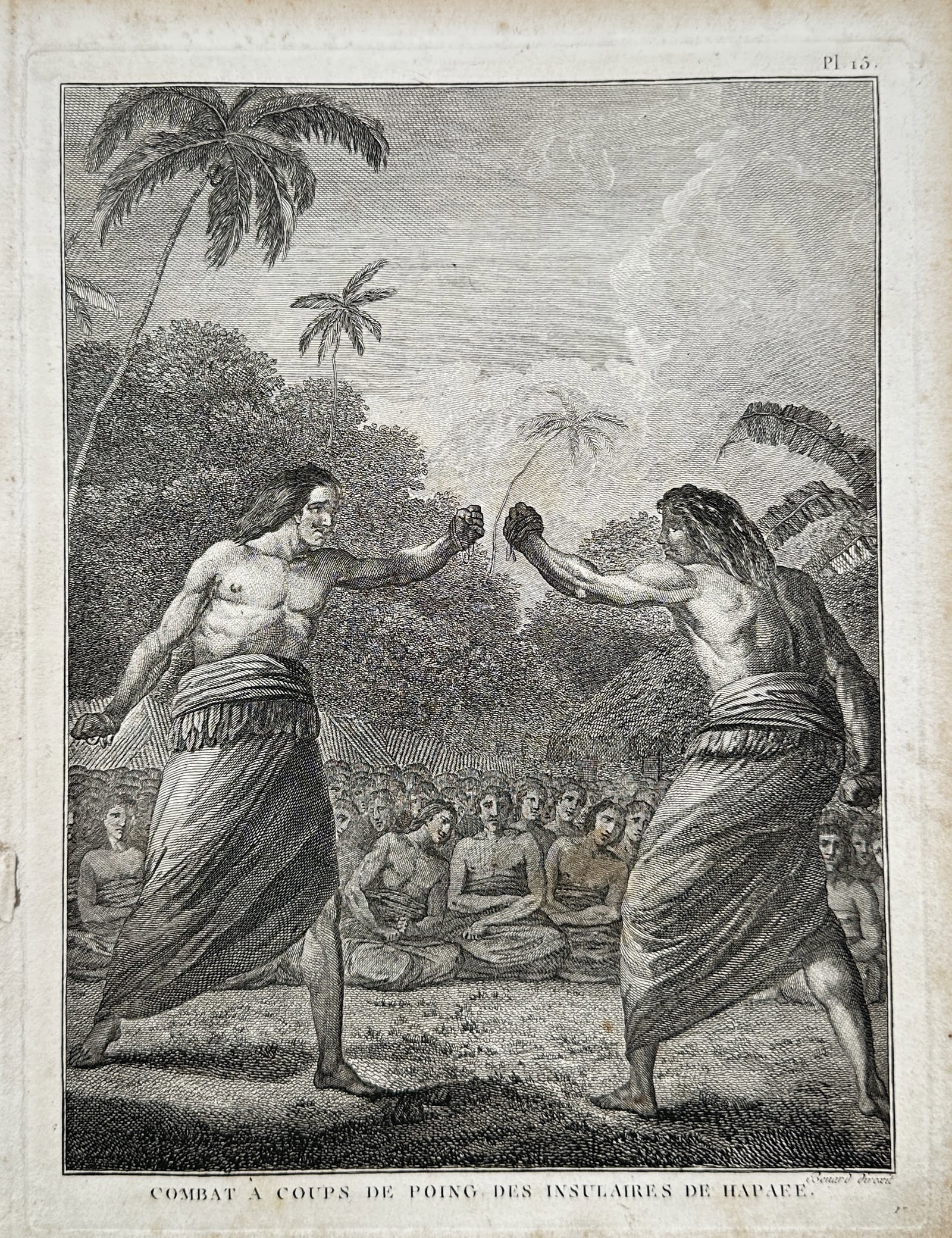 John Webber (1752–1793) – Boxing Match in Hapai – Hand-coloured engraving (1784): "Combat à Coups de Poing des Insulaires de Hapaee" depicts two male islanders engaged in a boxing match before a large sitting audience, set within an outdoor landscape featuring palm trees and tropi