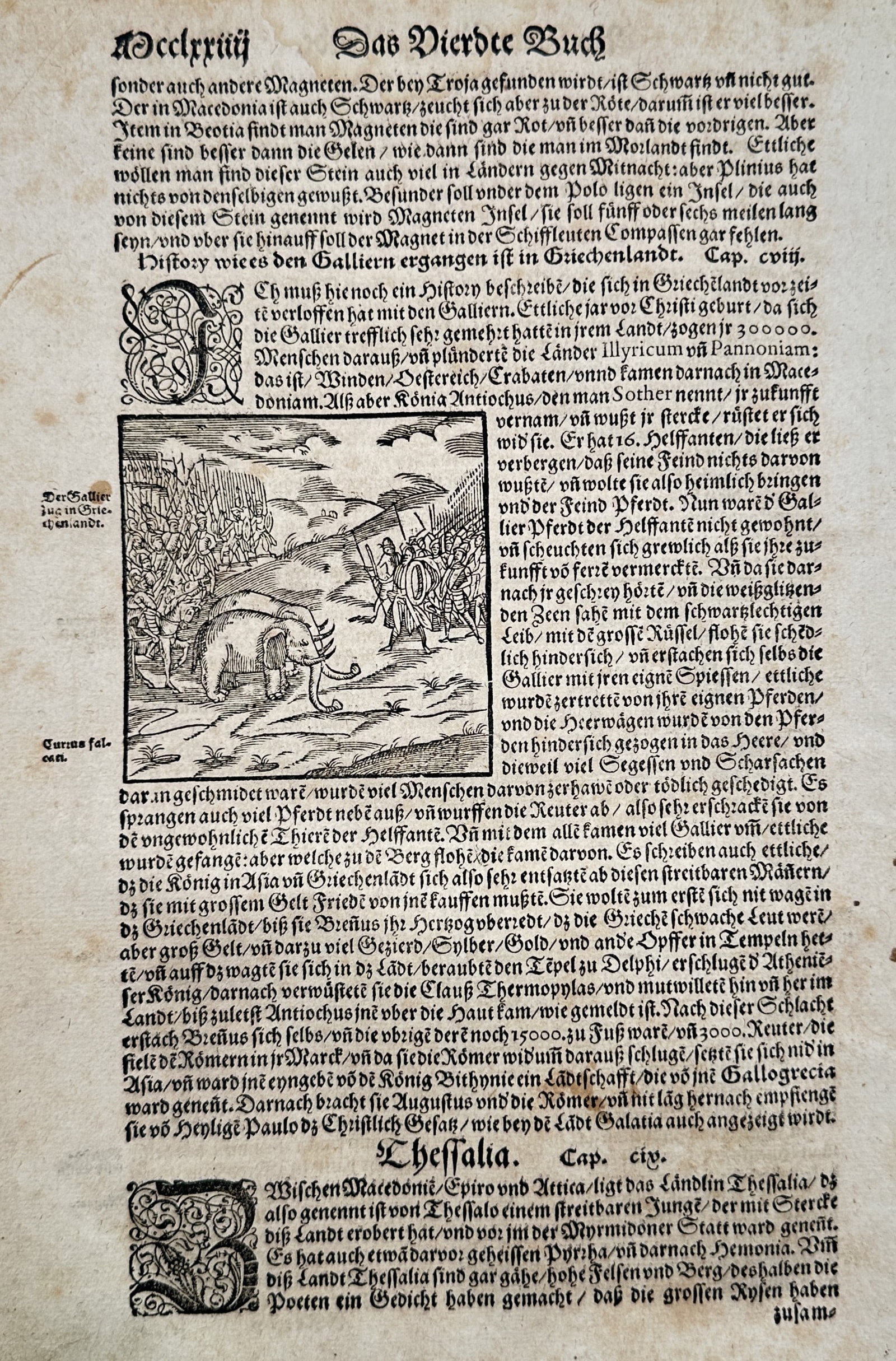 Sebastian Münster (1488–1552) – The Fourth Book with Elephant Battle – Woodcut (1550): "Das Vierdte Buch" contains German text details regarding historical events, featuring a woodcut illustration of a battle scene with war elephants encountering soldiers in a landscape. The sheet also 