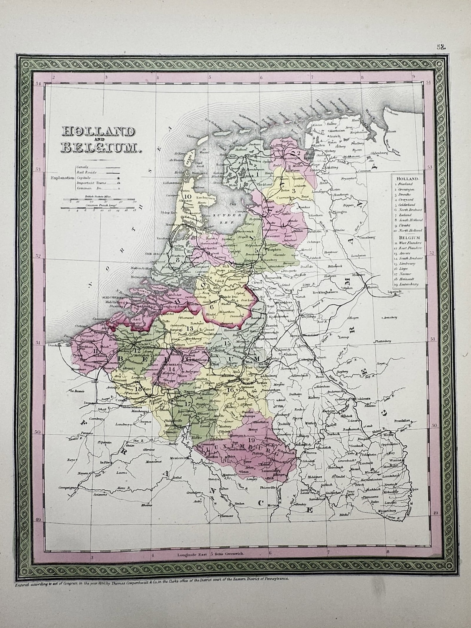 Thomas Cowperthwait & Co. – Map of Holland and Belgium – Netherlands and Belgium: "HOLLAND AND BELGIUM" illustrates the provinces of the Netherlands and Belgium with pastel hand-colouring to delineate regional boundaries, featuring a detailed explanation key on the left side and an