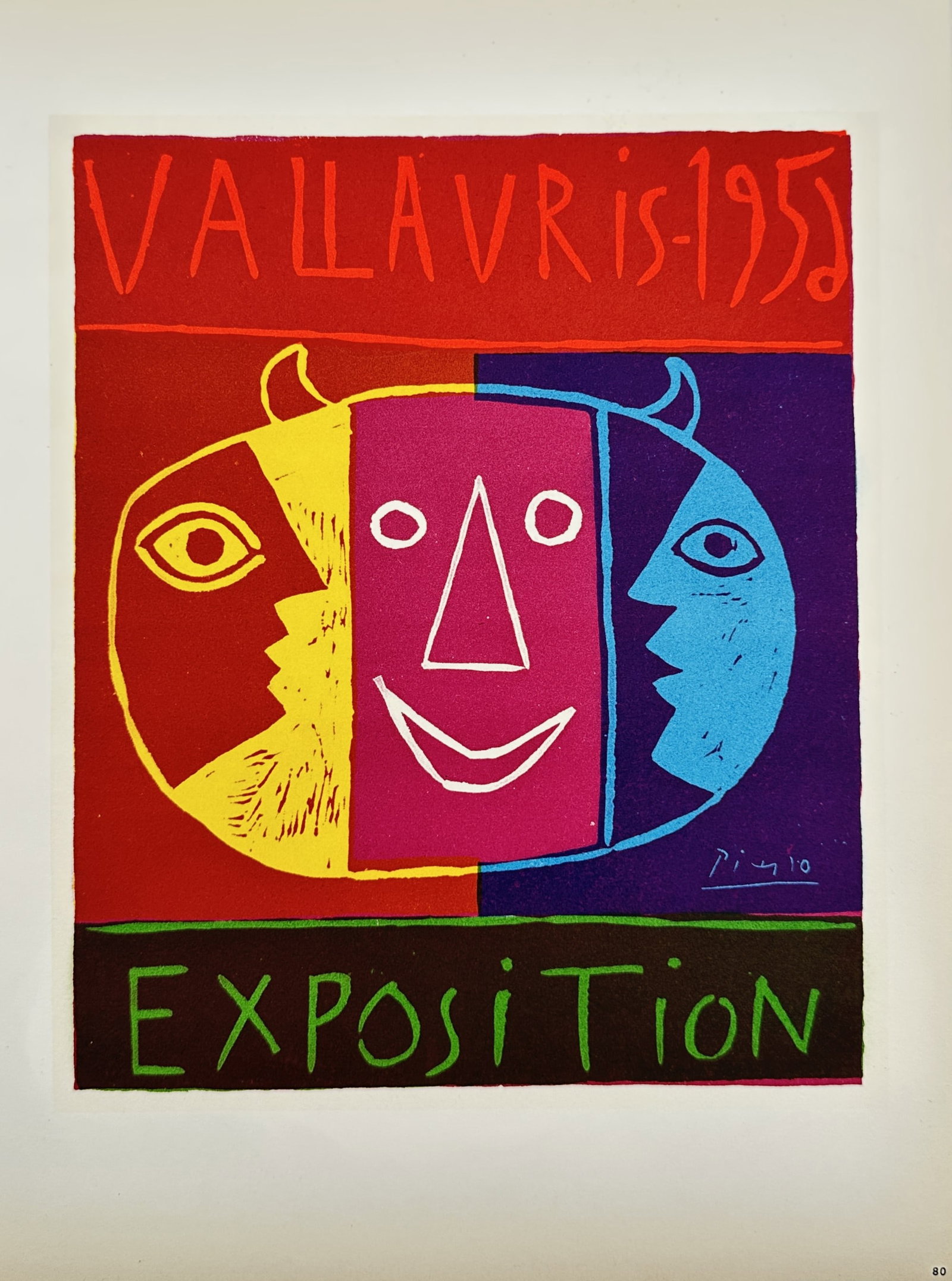 Pablo Picasso,after – Vallauris 1953 Exposition – Lithograph (20th century): "VALLAURIS-1953 EXPOSITION" features a striking, stylized graphic composition composed of three overlapping face profiles and a central faun-like smiling face with small horns, rendered in a vibrant p