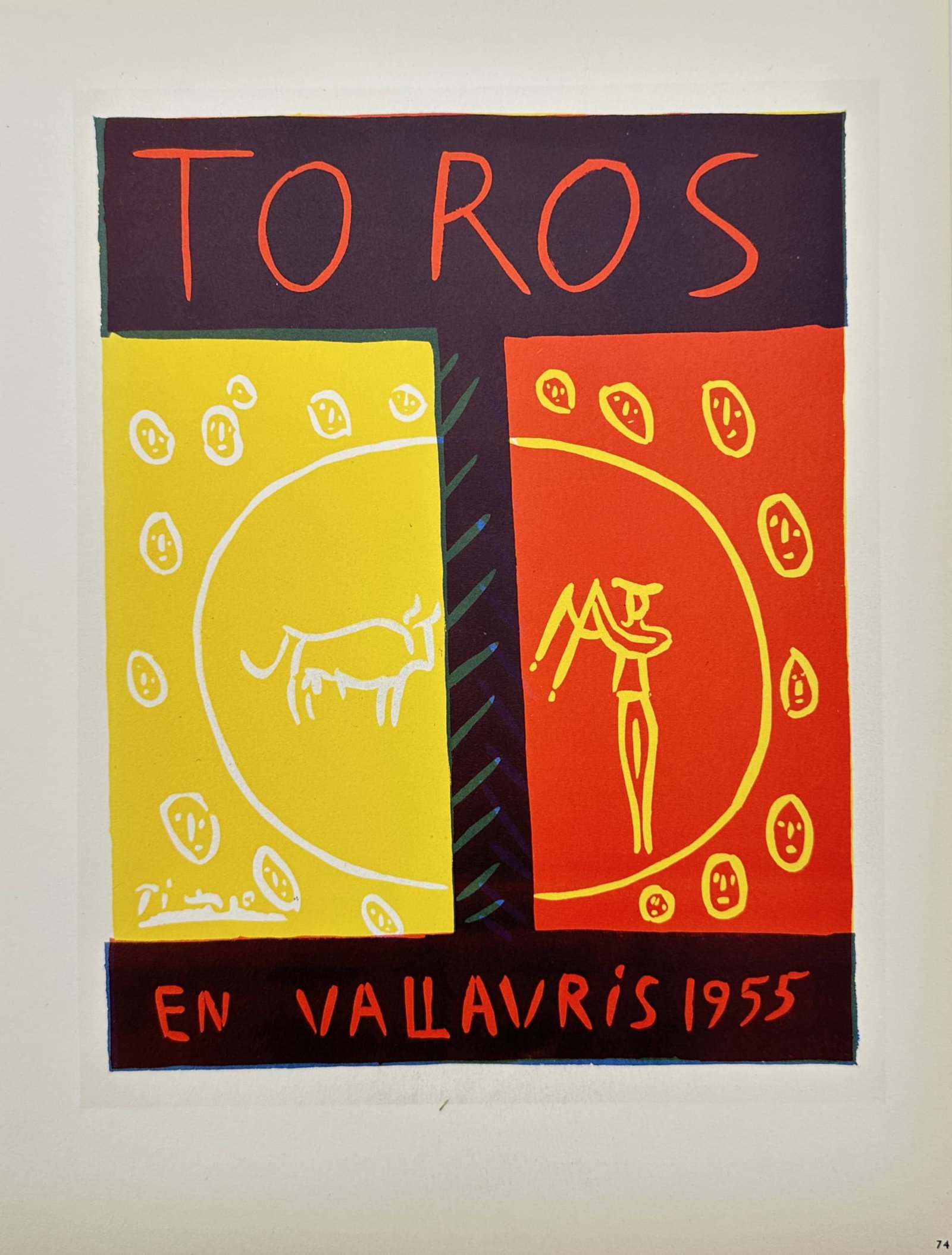 Pablo Picasso,after – Toros en Vallauris 1955 – Lithograph (20th century): "TOROS EN VALLAURIS 1955" features a vibrant, highly stylized bullfighting composition divided vertically by a dark green and purple patterned bar. The left side presents a bright yellow background co