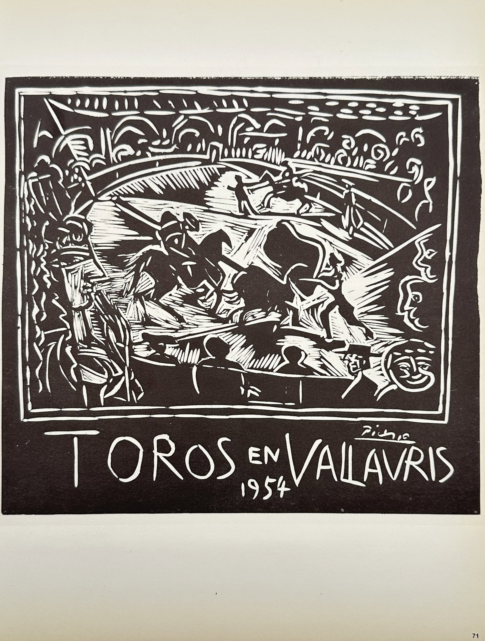 Pablo Picasso (After) – Toros en Vallauris 1954 – Lithograph (20th century): "TOROS EN VALLAURIS 1954" features a dynamic, monochrome bullfighting scene rendered in bold black and white lines. The expressive composition captures the raw energy of the arena, depicting a picador