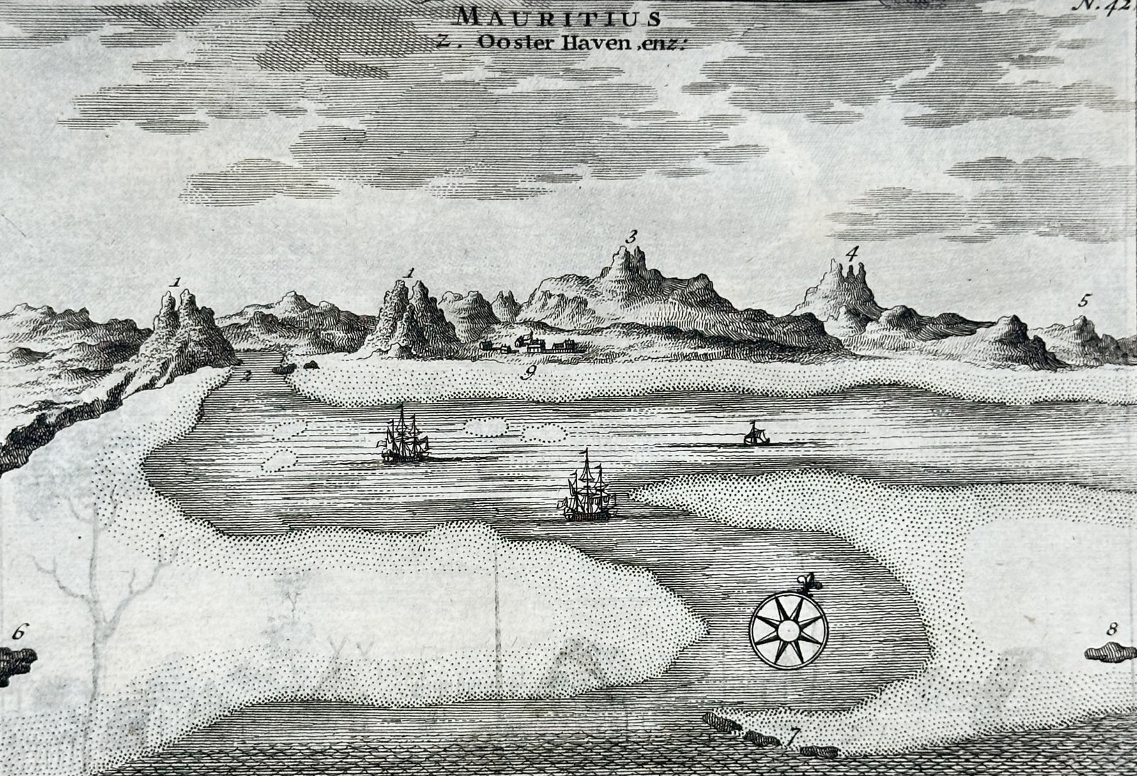 François Valentijn – Mauritius, Ooster Haven (Grand Port Harbour) – Engraving with Dutch (1 of 3)