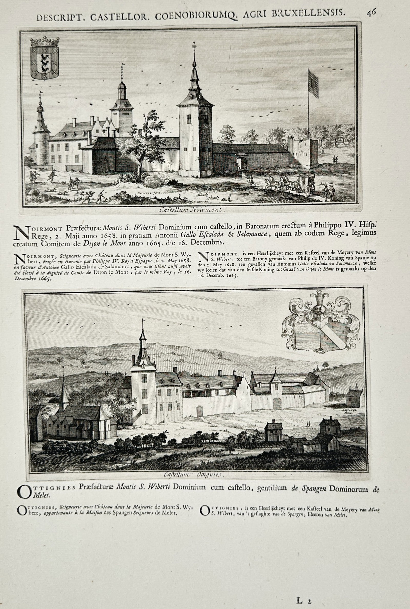 Jakob Le Roy – Topographical Views of Castellum Noirmont and Castellum Ottignies – Engraving (1 of 2)