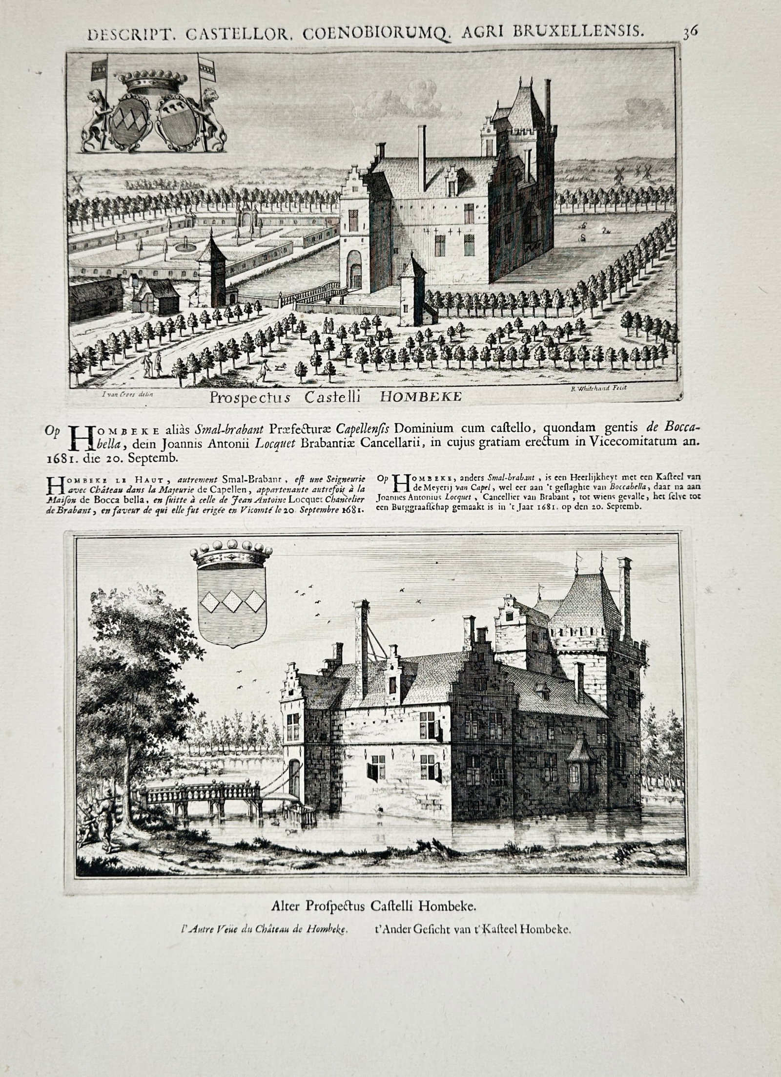 Jakob Le Roy – Topographical Views of Castellum Hombeke – Engraving (1694): The work features a detailed historical topographical plate containing two distinct registers displaying architectural views of the Hombeke estate and castle near Brussels, set against a neutral cream