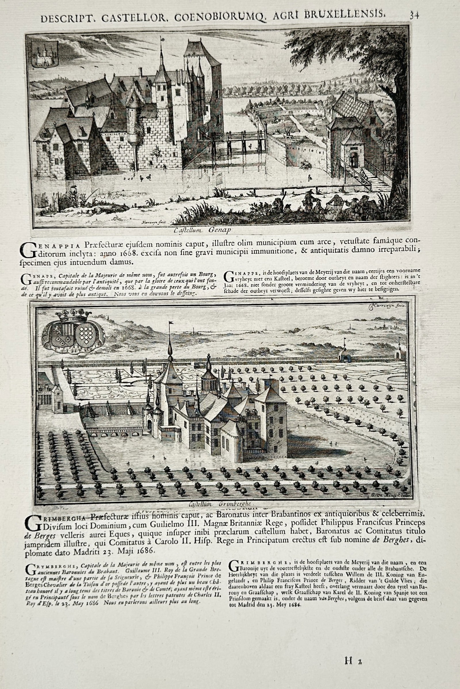 Jakob Le Roy – Topographical Views of Castellum Genap and Castellum Grimbergen – Engraving (1 of 2)