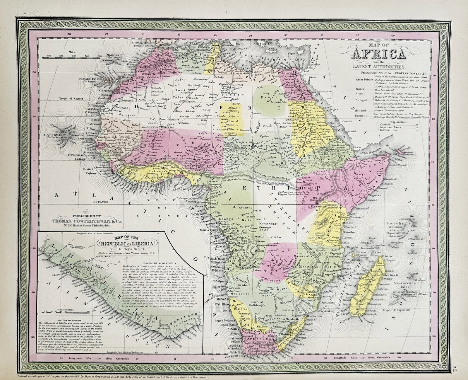 Thomas Cowperthwait (Active c. 1850) – Map of Africa – Africa – Hand-coloured lithograph (1 of 2)